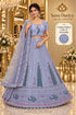 Feathers — D – Periwinkle; Saree Duniya styling illustration. Semi-stitched lehenga, size 44; unstitched blouse. Tailoring required.
