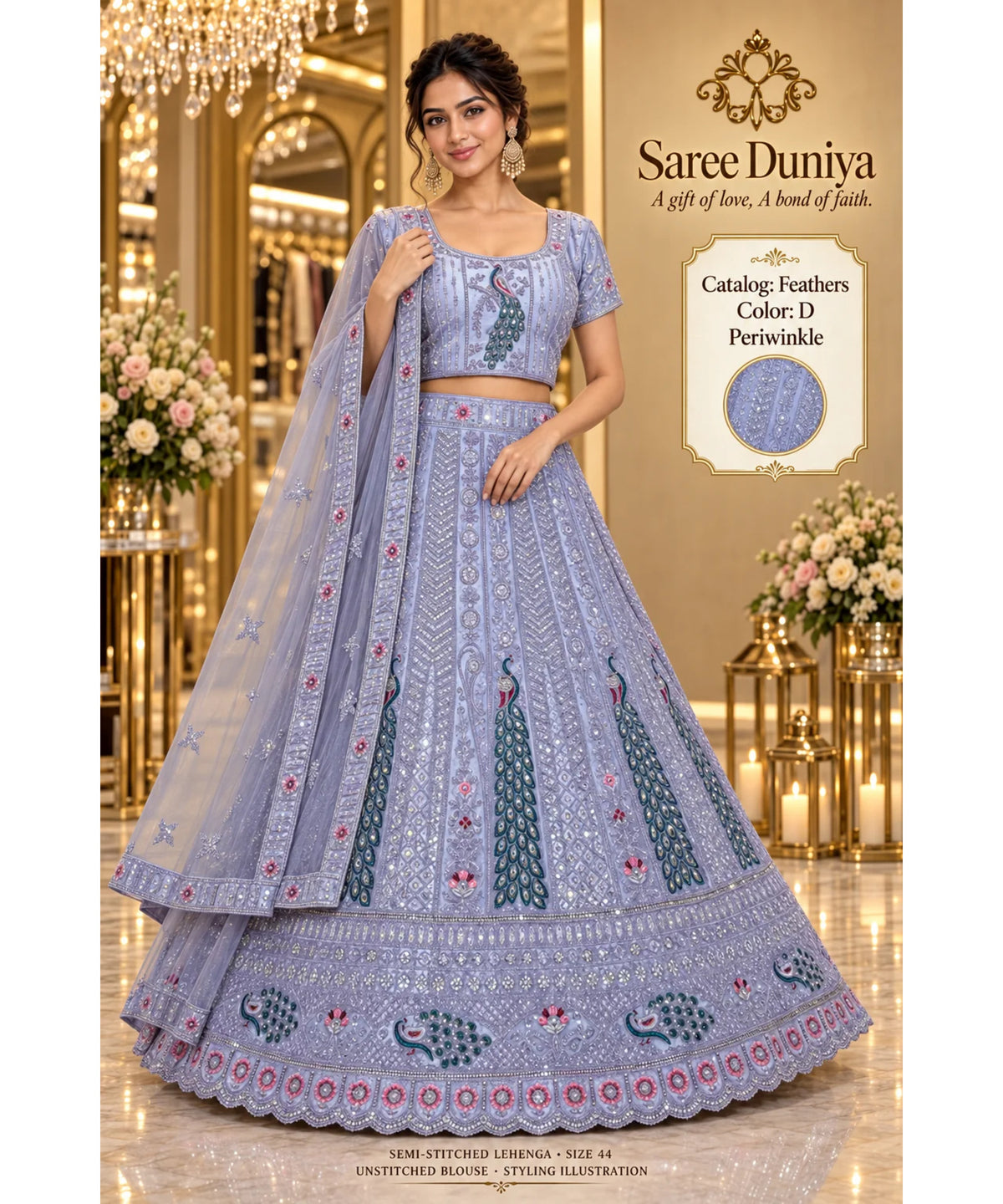 Feathers — D – Periwinkle; Saree Duniya styling illustration. Semi-stitched lehenga, size 44; unstitched blouse. Tailoring required.