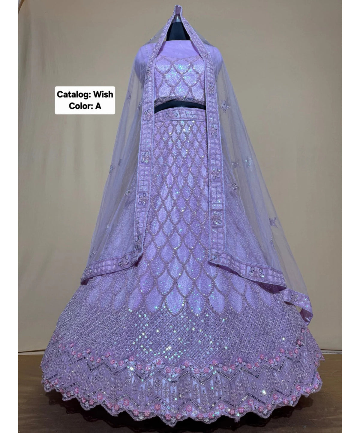 Wish — A – Lavender; original photograph showing the semi-stitched size 44 lehenga and unstitched blouse fabric with scalloped sequin work.