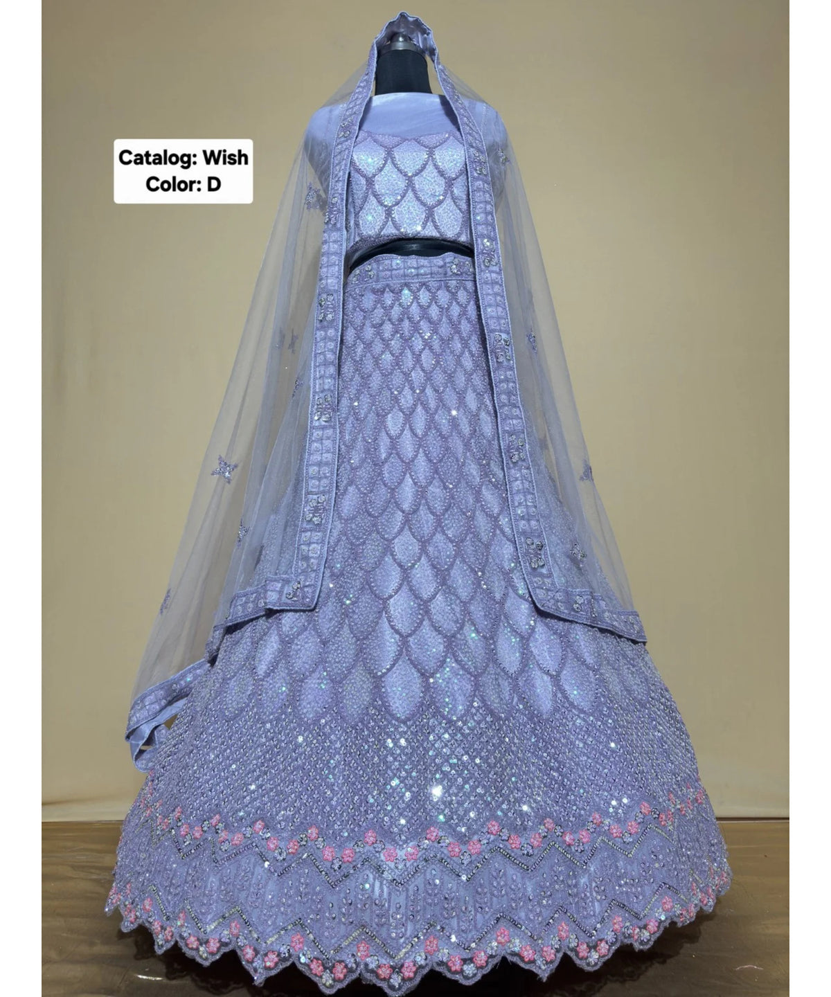 Wish — D – Periwinkle Blue; original photograph showing the semi-stitched size 44 lehenga and unstitched blouse fabric with scalloped sequin work.