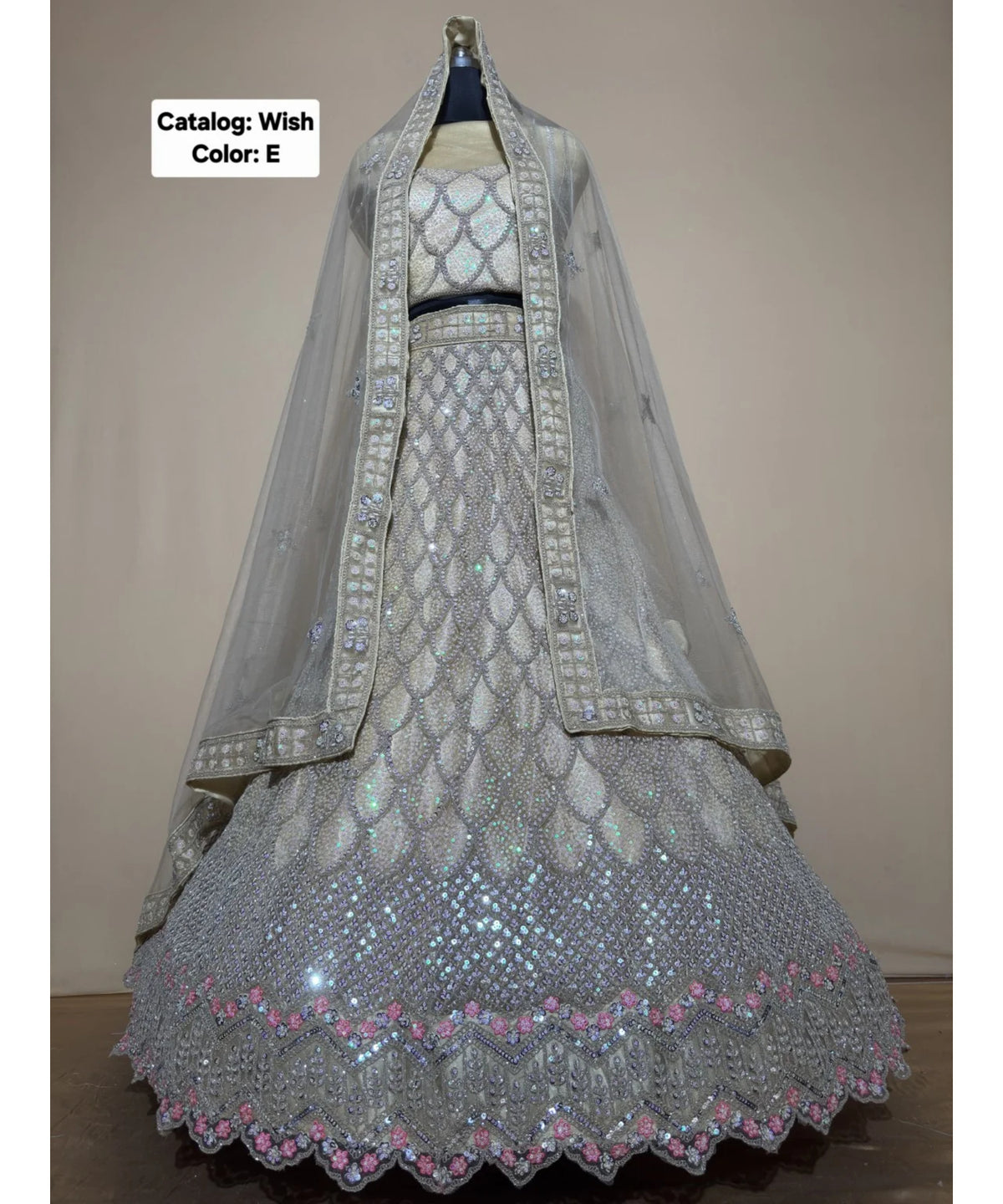 Wish — E – Champagne; original photograph showing the semi-stitched size 44 lehenga and unstitched blouse fabric with scalloped sequin work.