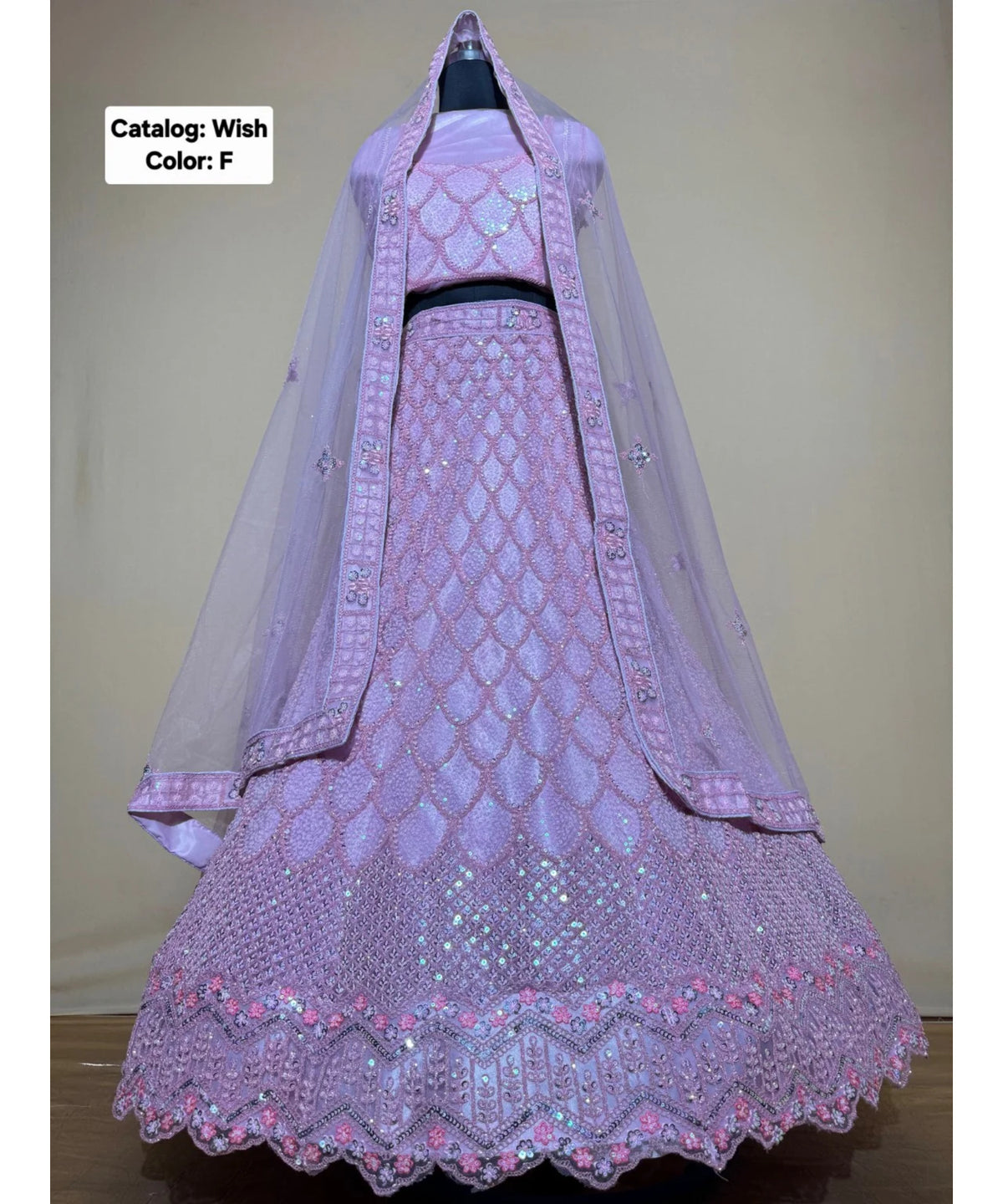 Wish — F – Lilac Pink; original photograph showing the semi-stitched size 44 lehenga and unstitched blouse fabric with scalloped sequin work.