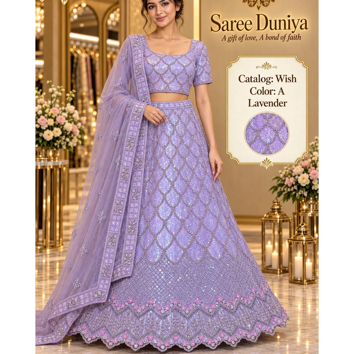 Wish — A – Lavender; Saree Duniya styling illustration. Semi-stitched lehenga, size 44; unstitched blouse. Tailoring required.