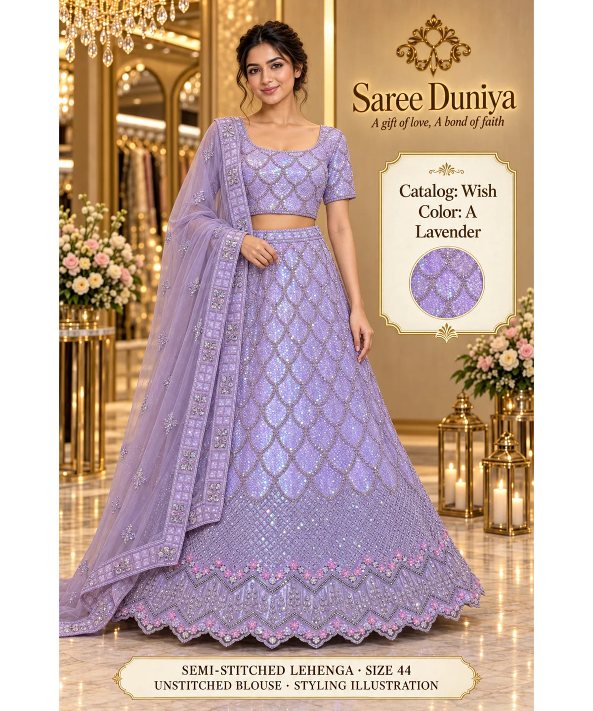 Wish — A – Lavender; Saree Duniya styling illustration. Semi-stitched lehenga, size 44; unstitched blouse. Tailoring required.