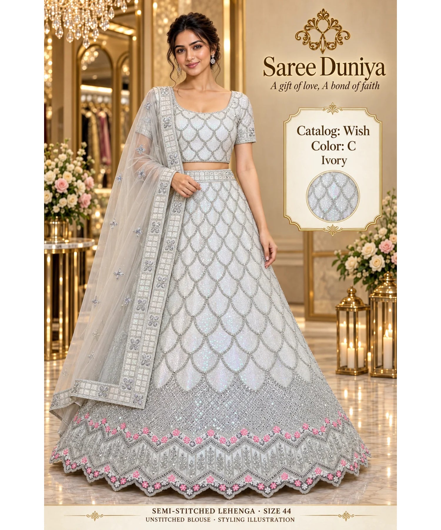 Wish — C – Ivory; Saree Duniya styling illustration. Semi-stitched lehenga, size 44; unstitched blouse. Tailoring required.