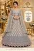Wish — E – Champagne; Saree Duniya styling illustration. Semi-stitched lehenga, size 44; unstitched blouse. Tailoring required.