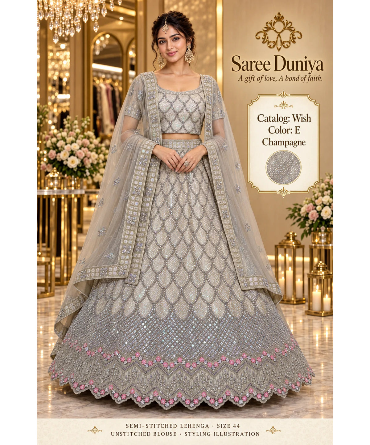 Wish — E – Champagne; Saree Duniya styling illustration. Semi-stitched lehenga, size 44; unstitched blouse. Tailoring required.