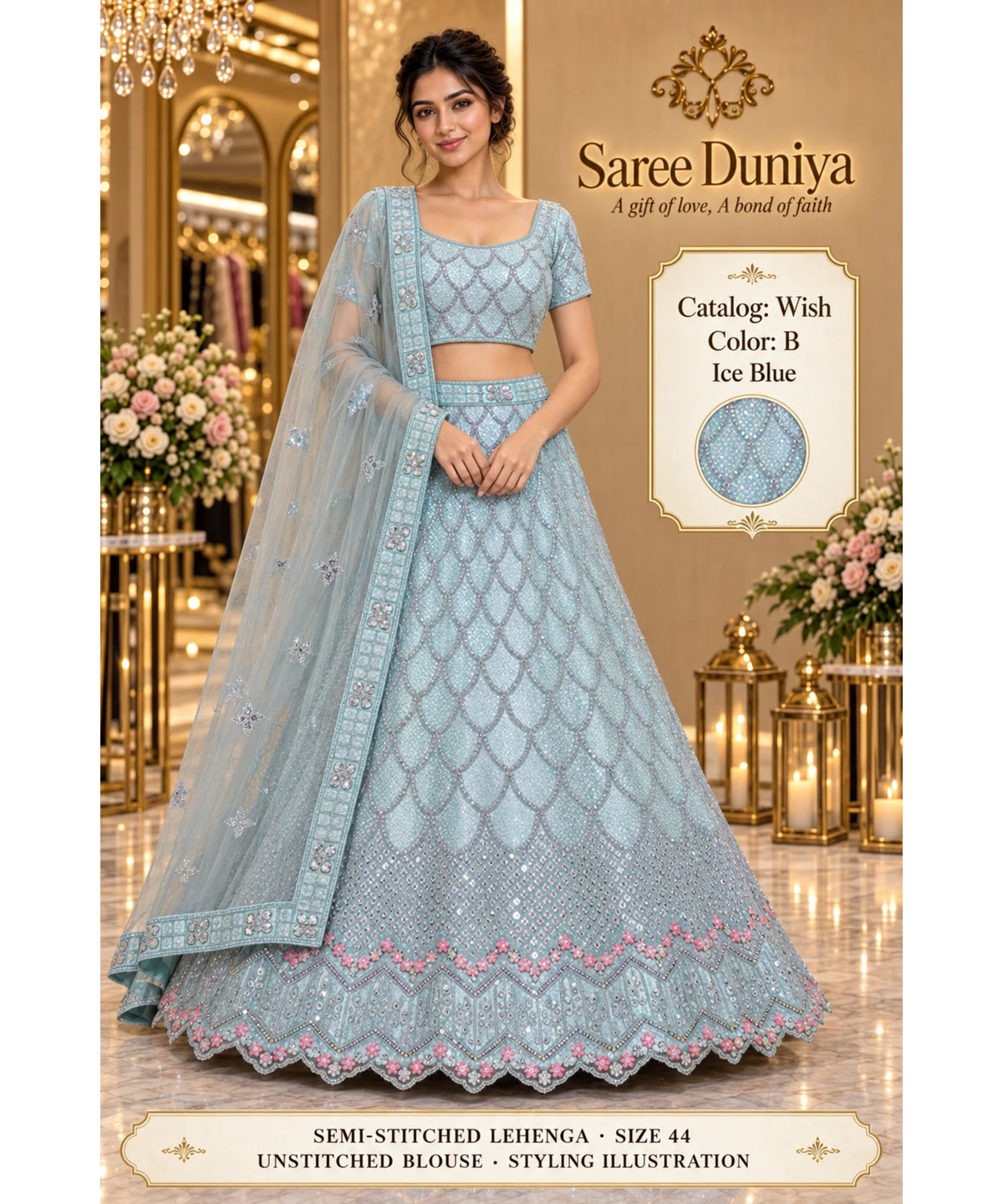 Wish — B – Ice Blue; Saree Duniya styling illustration. Semi-stitched lehenga, size 44; unstitched blouse. Tailoring required.