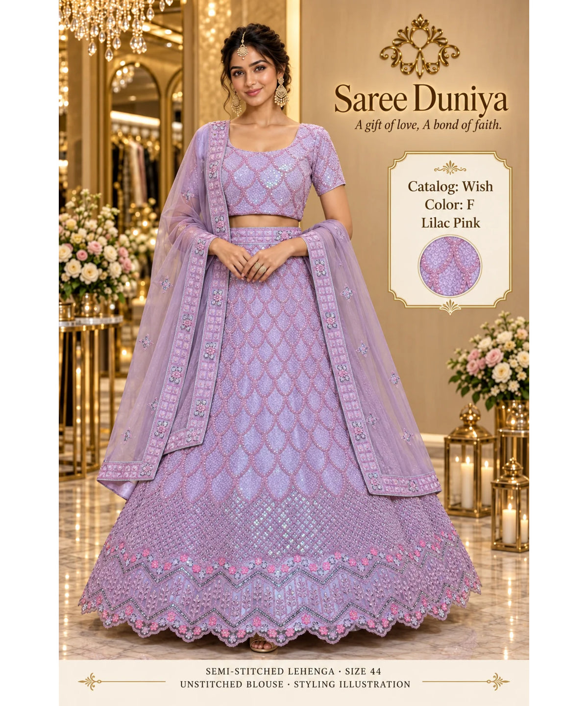 Wish — F – Lilac Pink; Saree Duniya styling illustration. Semi-stitched lehenga, size 44; unstitched blouse. Tailoring required.
