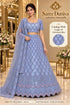 Wish — D – Periwinkle Blue; Saree Duniya styling illustration. Semi-stitched lehenga, size 44; unstitched blouse. Tailoring required.