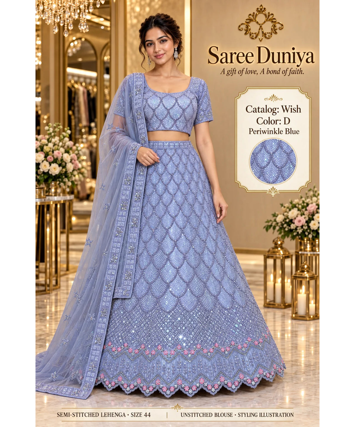 Wish — D – Periwinkle Blue; Saree Duniya styling illustration. Semi-stitched lehenga, size 44; unstitched blouse. Tailoring required.
