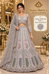 Shubh Labh — Color C, Silver Grey — saved model wearing embellished peacock lehenga with sheer sleeves; sizes 38, 40, 42 and 44.