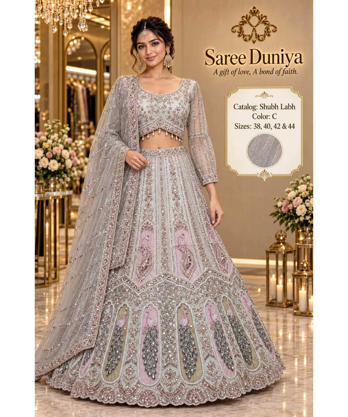 Shubh Labh — Color C, Silver Grey — saved model wearing embellished peacock lehenga with sheer sleeves; sizes 38, 40, 42 and 44.