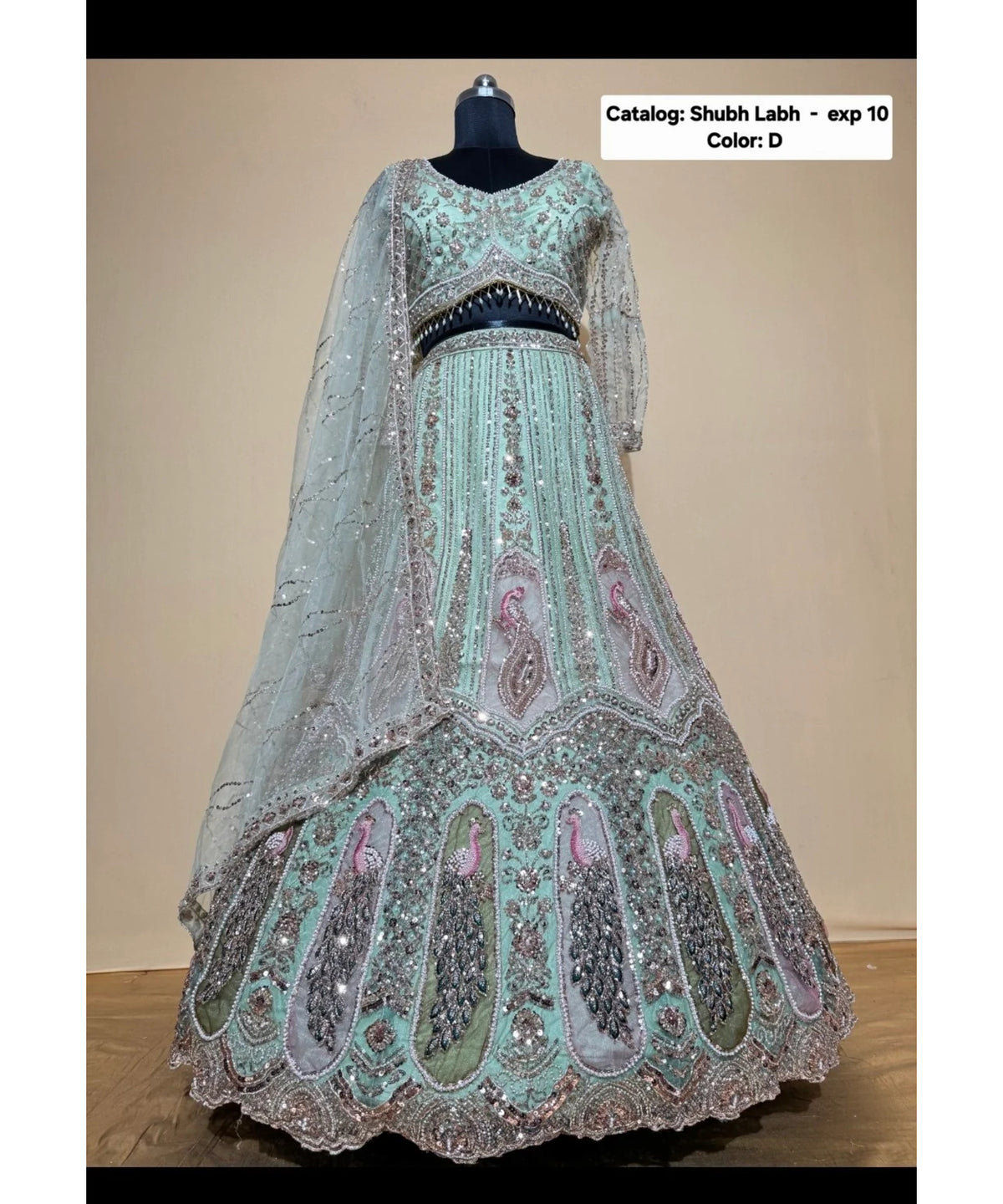Shubh Labh – Color D – original mannequin photograph showing fully stitched lehenga, blouse and dupatta