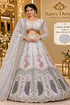 Shubh Labh – Exp 10, Color A – Ice Blue, sizes 38, 40, 42 and 44. Saree Duniya model wearing the embellished lehenga with sheer long sleeves, arched blouse hem and peacock panels.