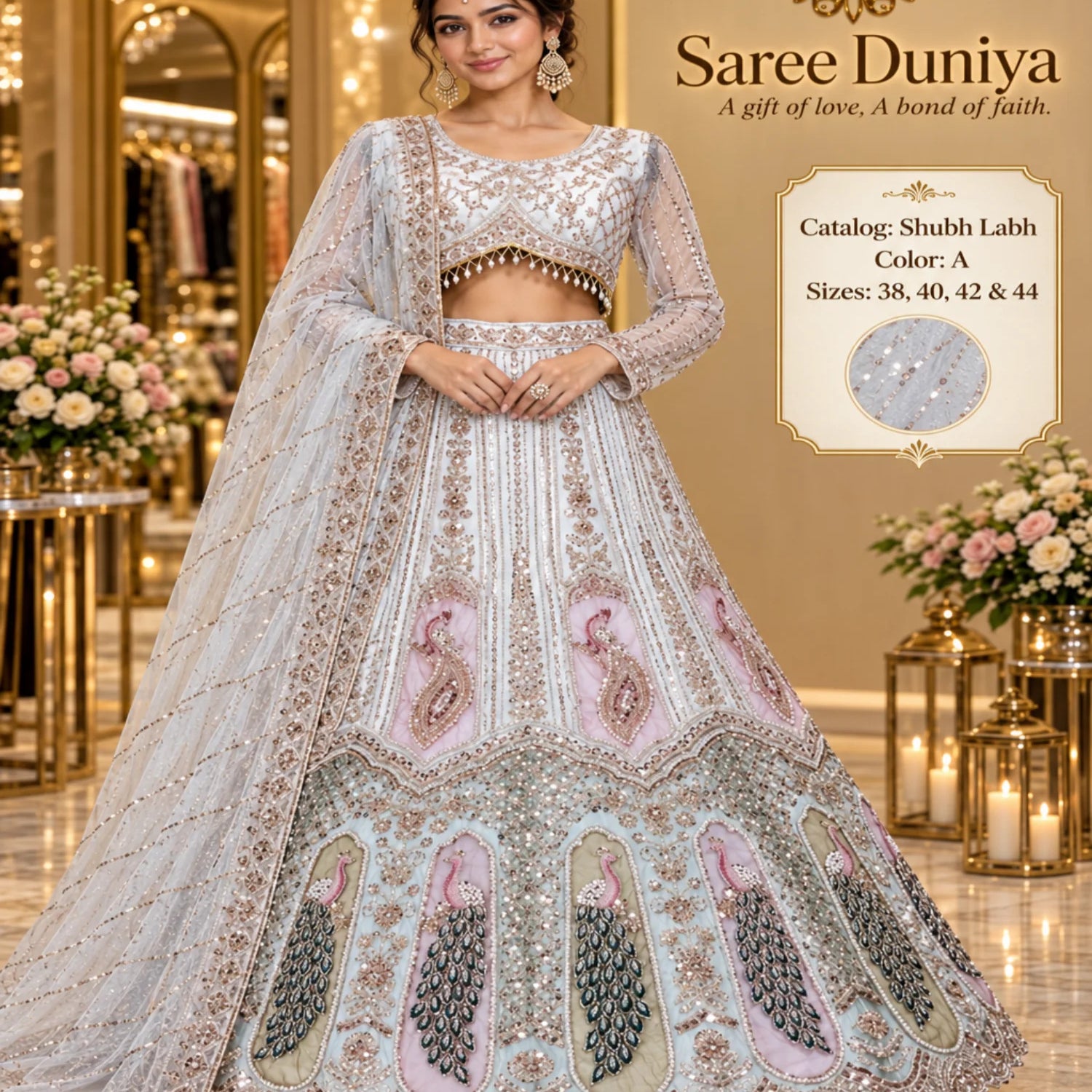 Shubh Labh – Exp 10, Color A – Ice Blue, sizes 38, 40, 42 and 44. Saree Duniya model wearing the embellished lehenga with sheer long sleeves, arched blouse hem and peacock panels.