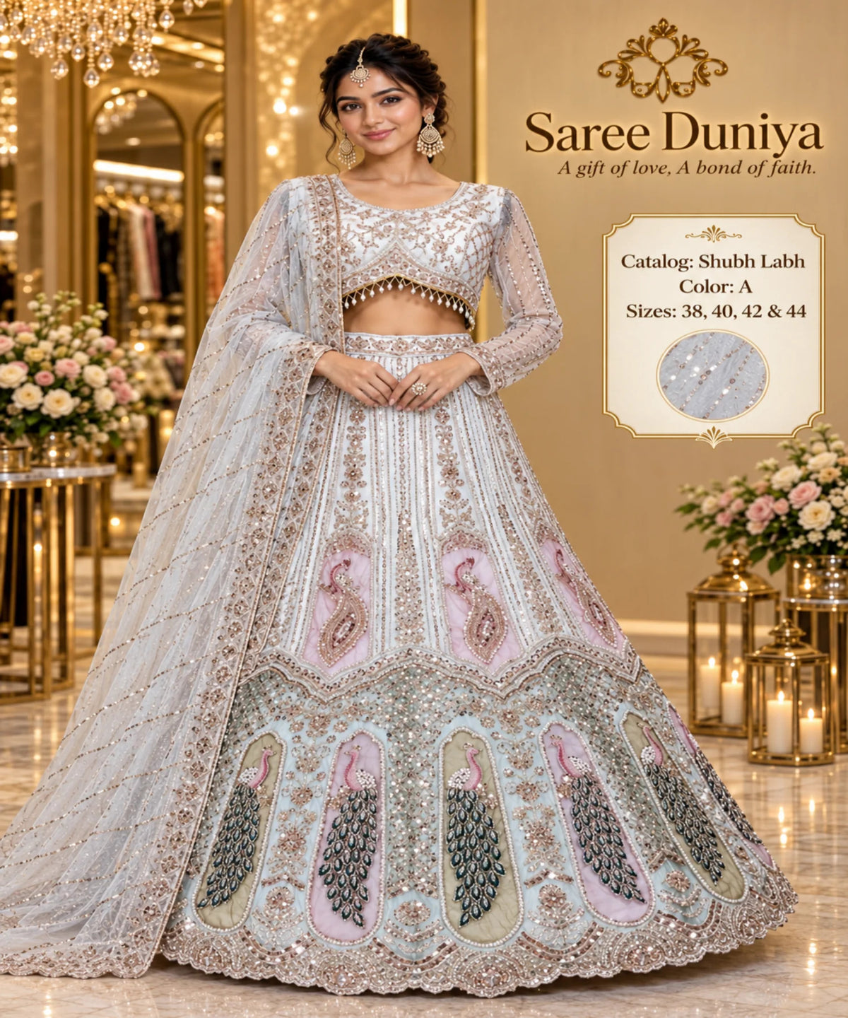 Shubh Labh – Exp 10, Color A – Ice Blue, sizes 38, 40, 42 and 44. Saree Duniya model wearing the embellished lehenga with sheer long sleeves, arched blouse hem and peacock panels.