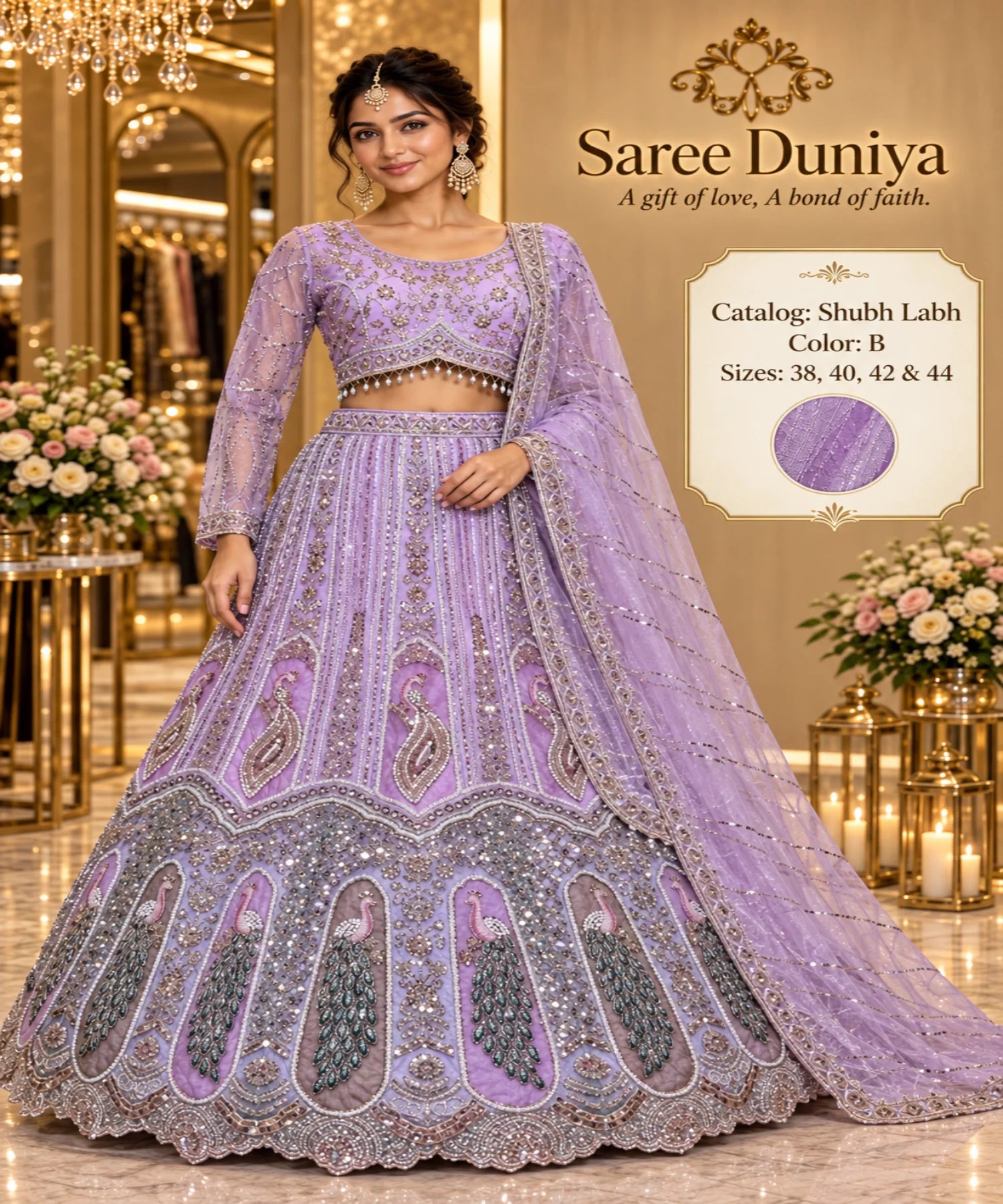 Shubh Labh – Exp 10, Color B – Lavender, sizes 38, 40, 42 and 44. Saree Duniya model wearing the embellished lehenga with sheer long sleeves, arched blouse hem and peacock panels.
