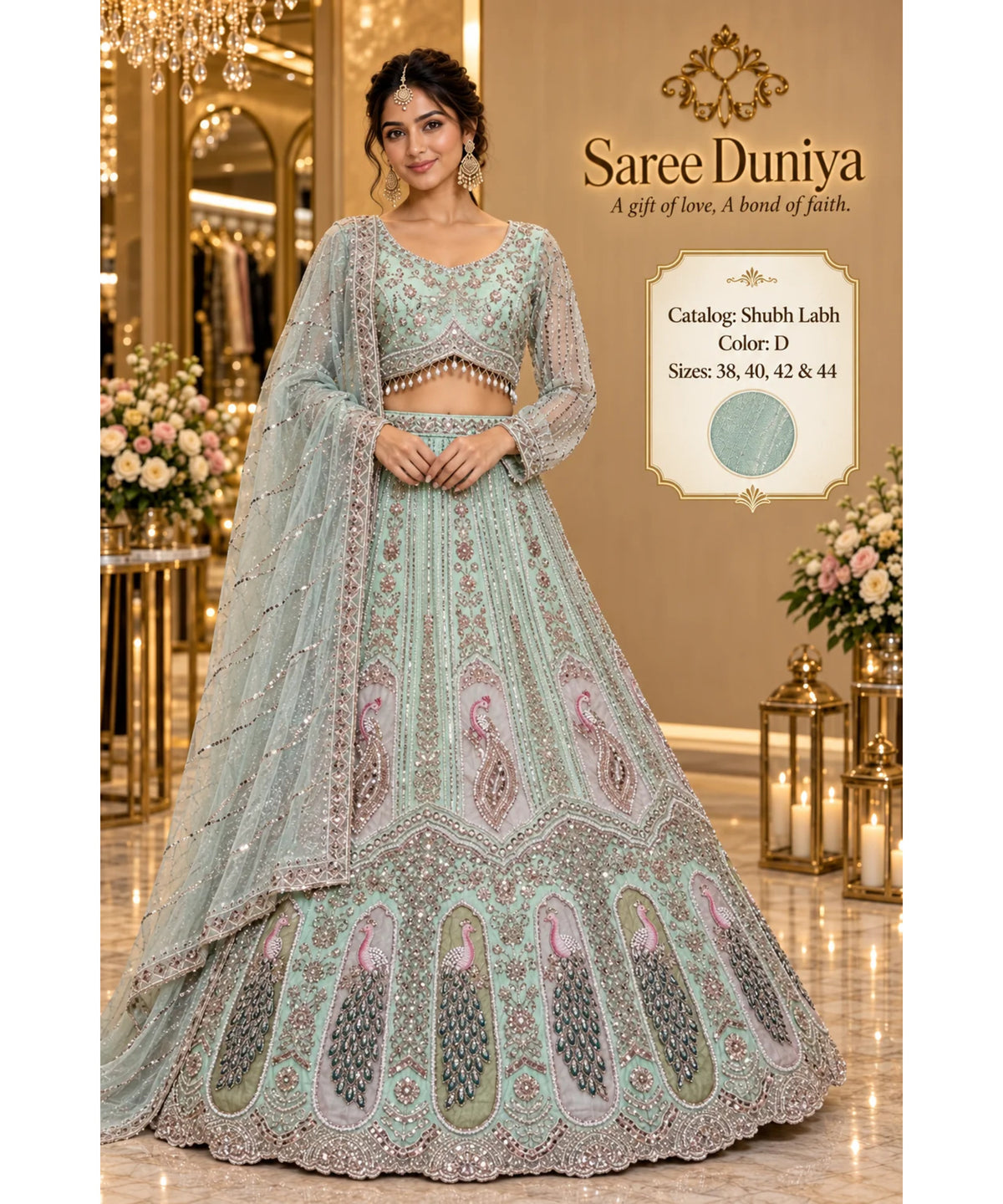 Shubh Labh — Color D, Mint — saved model wearing embellished peacock lehenga with sheer sleeves; sizes 38, 40, 42 and 44.