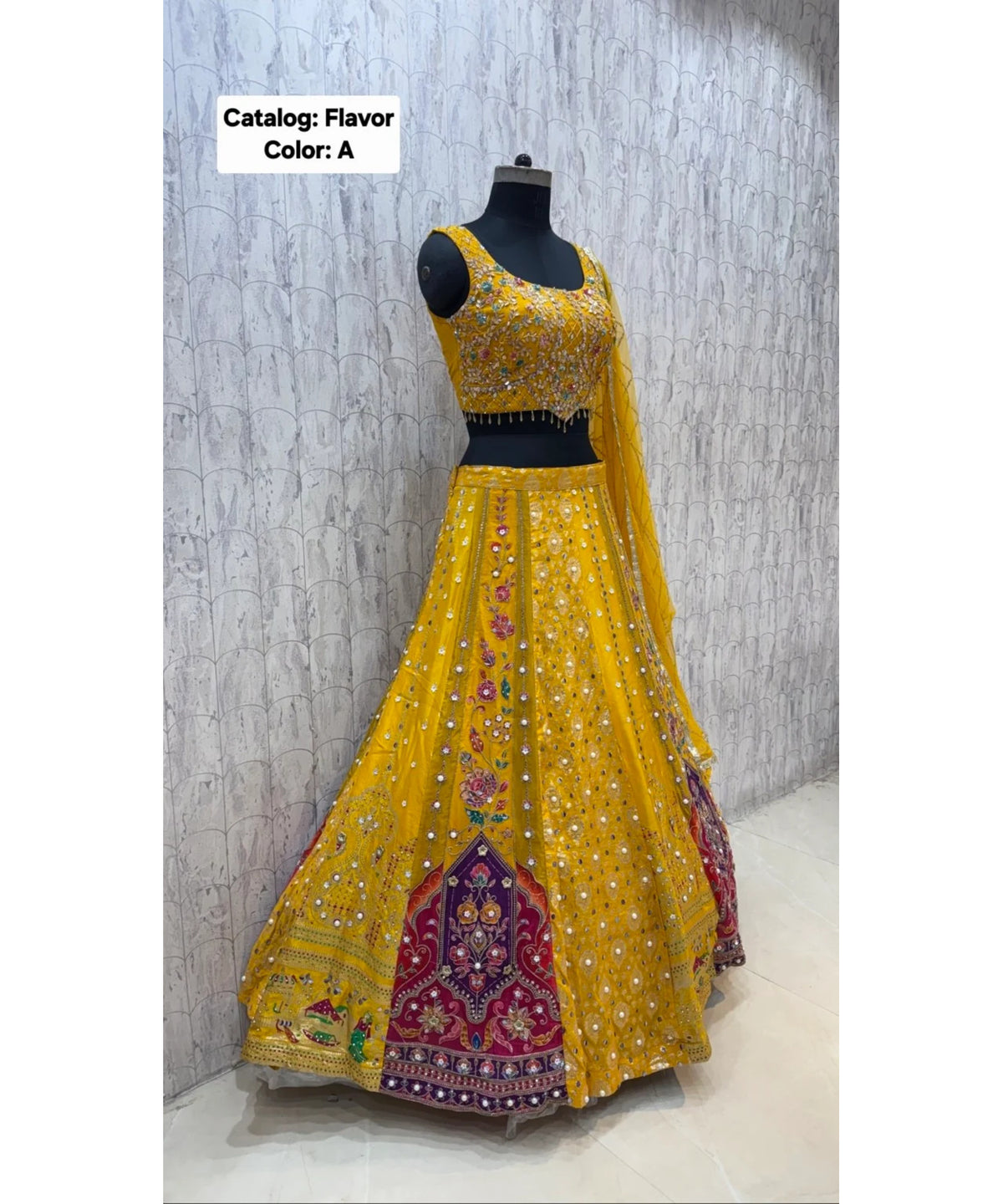 Flavor — Color A, size 40; original full length of fully stitched lehenga with sleeveless blouse.