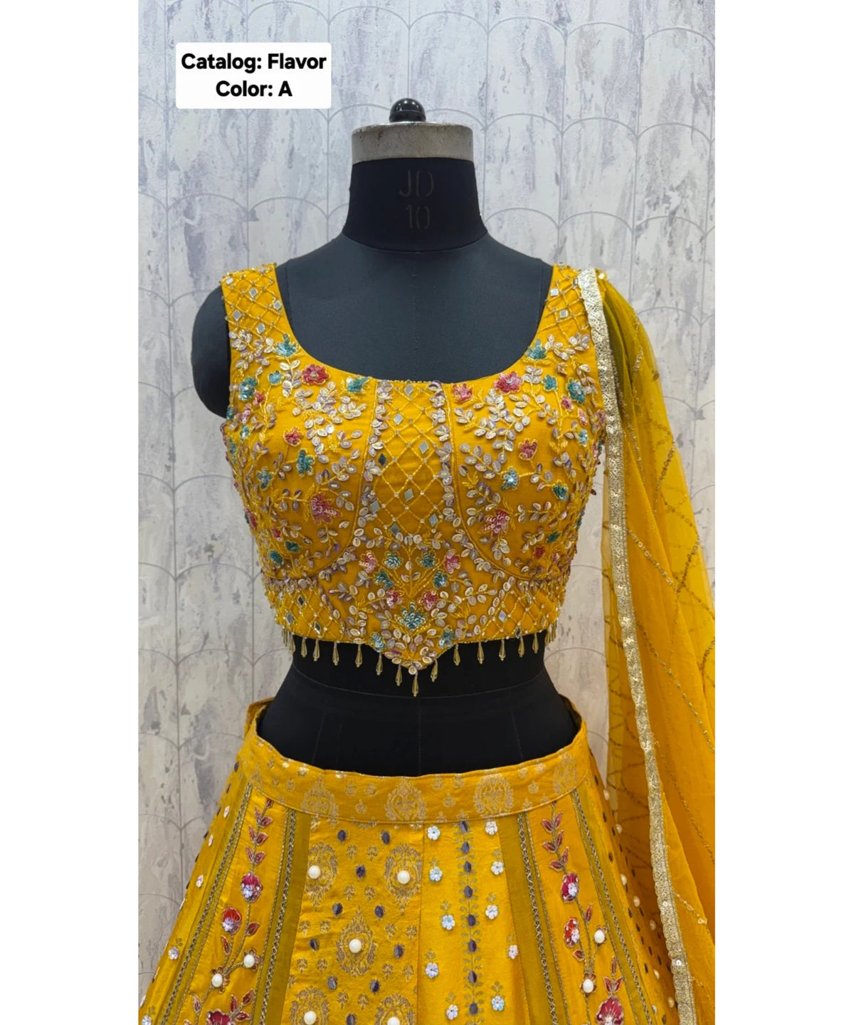 Flavor — Color A, size 40; original blouse detail of fully stitched lehenga with sleeveless blouse.