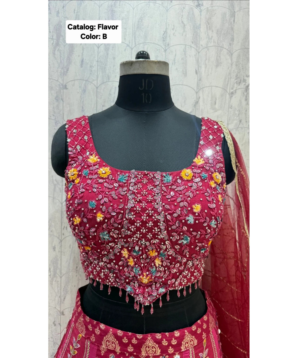 Flavor — Color B, size 40; original blouse detail of fully stitched lehenga with sleeveless blouse.