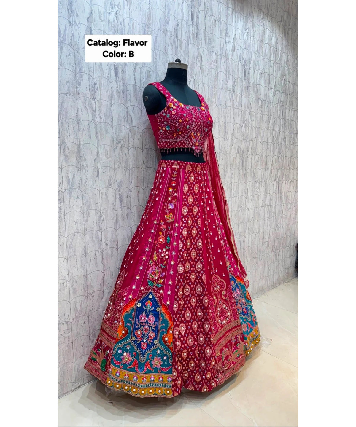 Flavor — Color B, size 40; original side view of fully stitched lehenga with sleeveless blouse.