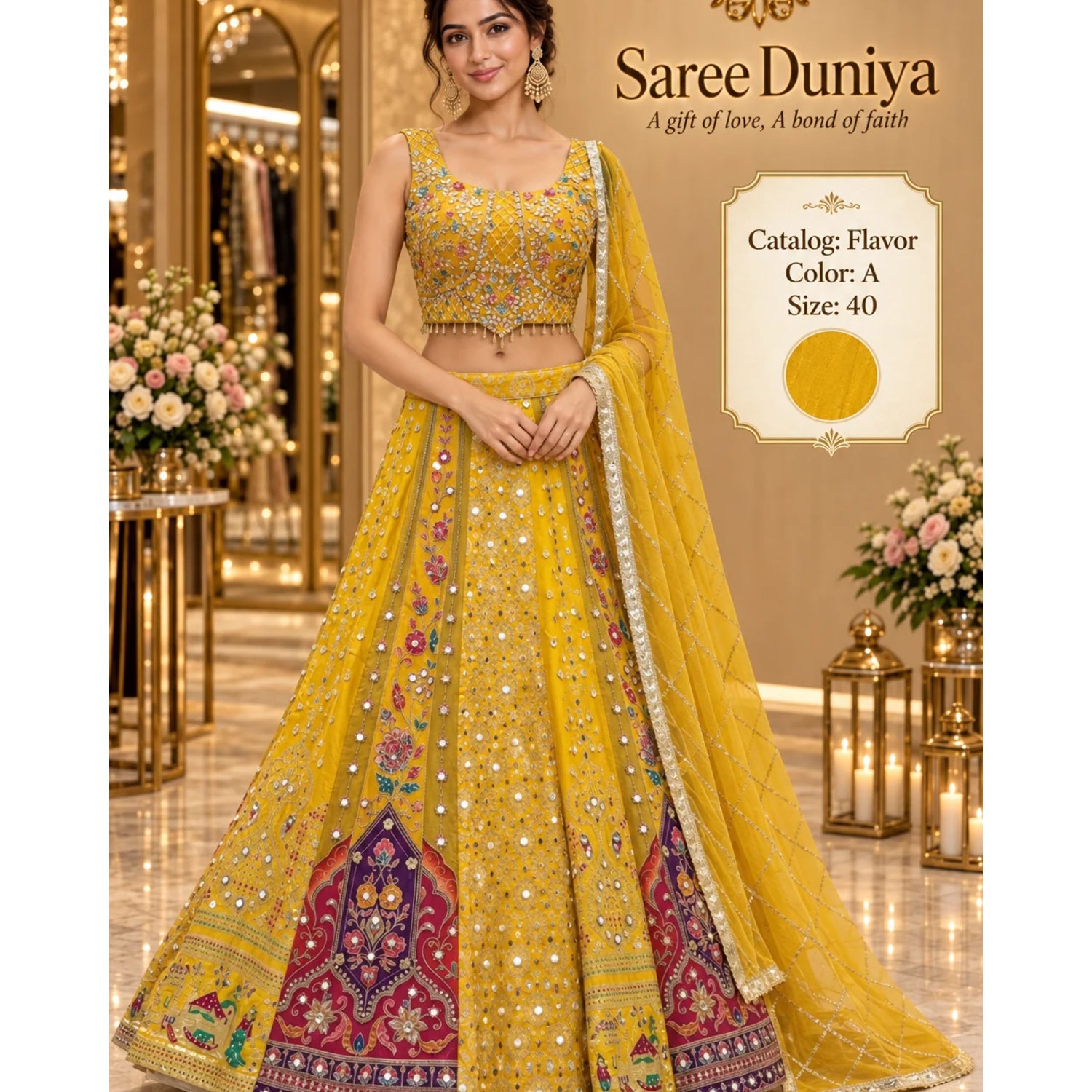Flavor — Color A, Yellow, size 40; model styling of fully stitched lehenga with sleeveless blouse and coordinating dupatta.