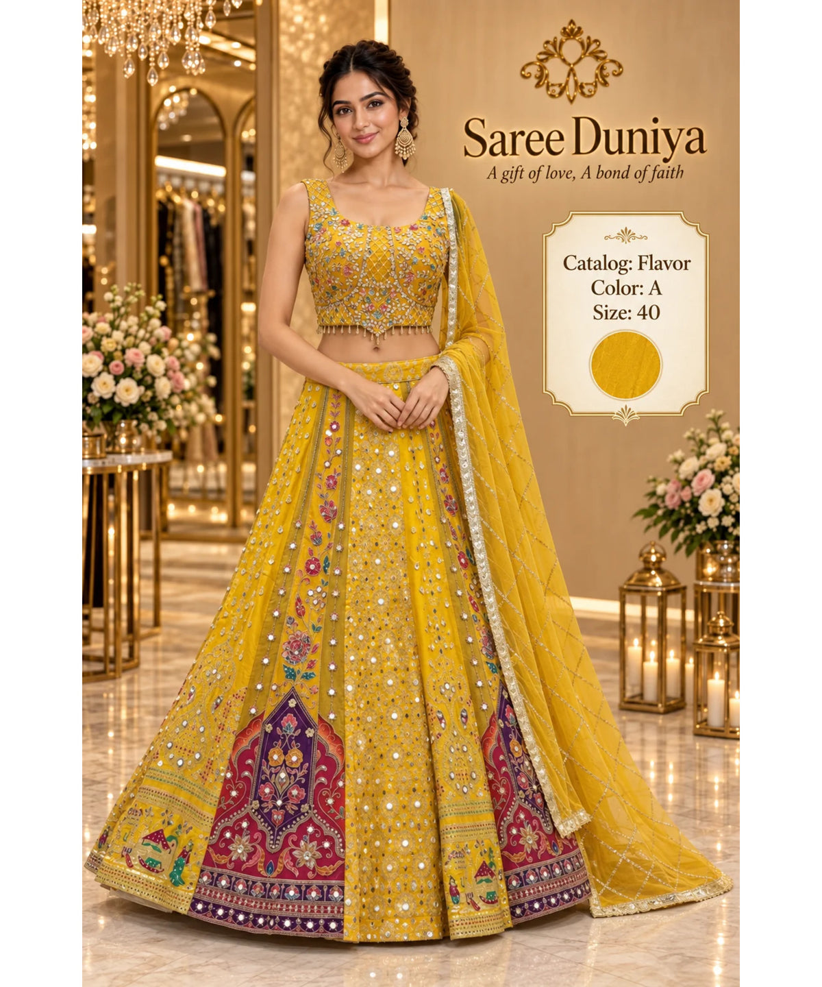 Flavor — Color A, Yellow, size 40; model styling of fully stitched lehenga with sleeveless blouse and coordinating dupatta.