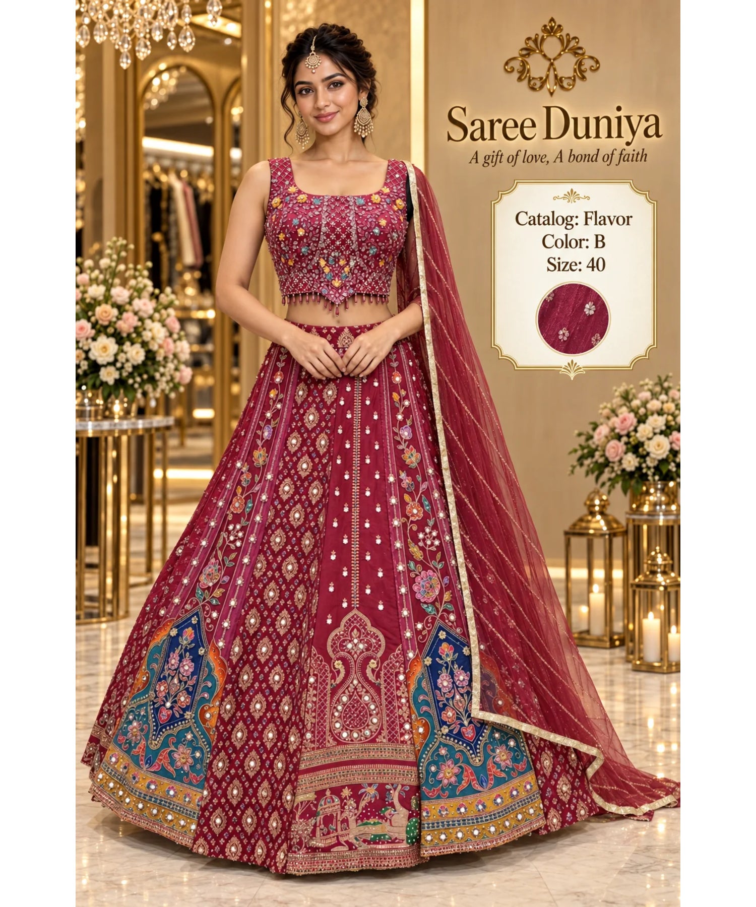 Flavor — Color B, Wine Magenta, size 40; model styling of fully stitched lehenga with sleeveless blouse and coordinating dupatta.