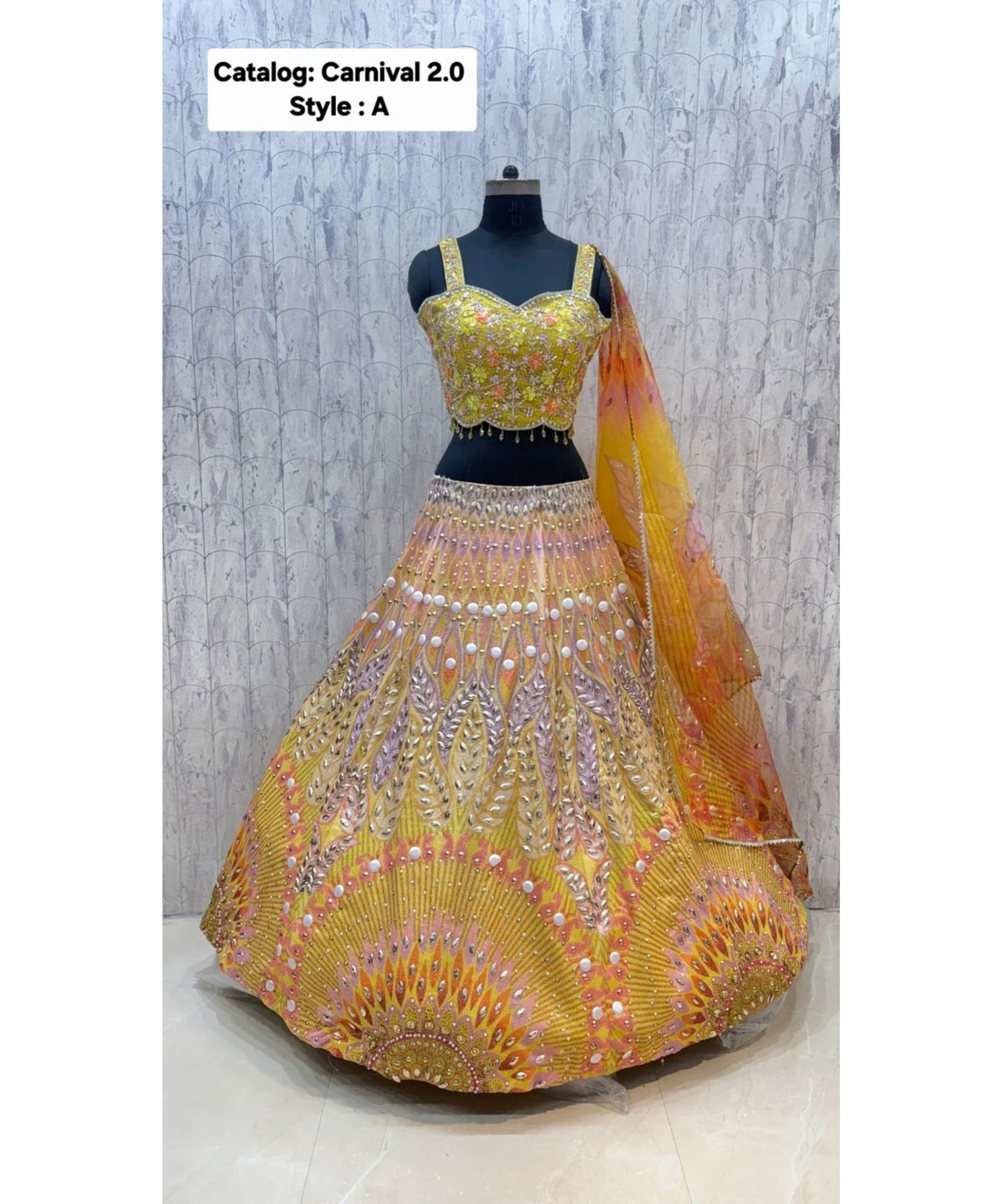 Carnival 2.0 — Style A, size 40; original full length of fully stitched lehenga with sleeveless blouse and coordinating dupatta.