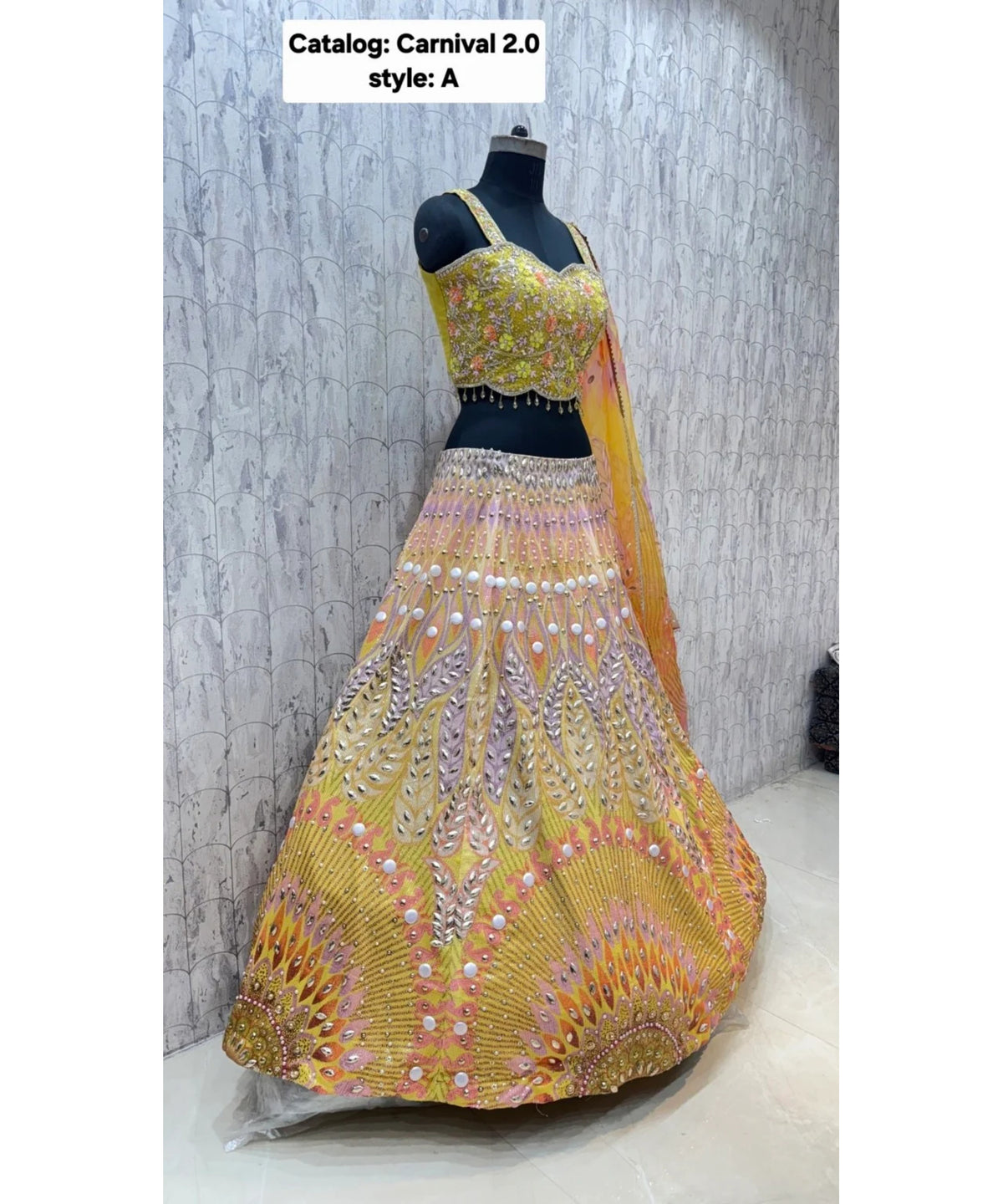 Carnival 2.0 — Style A, size 40; original side view of fully stitched lehenga with sleeveless blouse and coordinating dupatta.