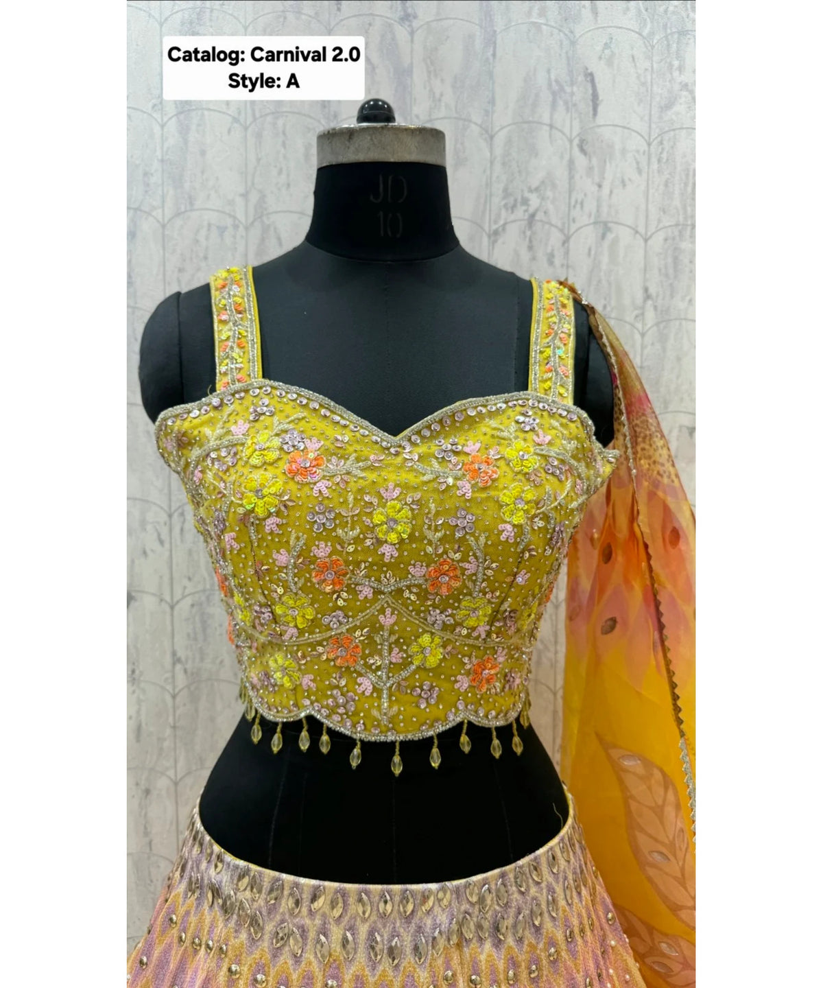 Carnival 2.0 — Style A, size 40; original blouse detail of fully stitched lehenga with sleeveless blouse and coordinating dupatta.