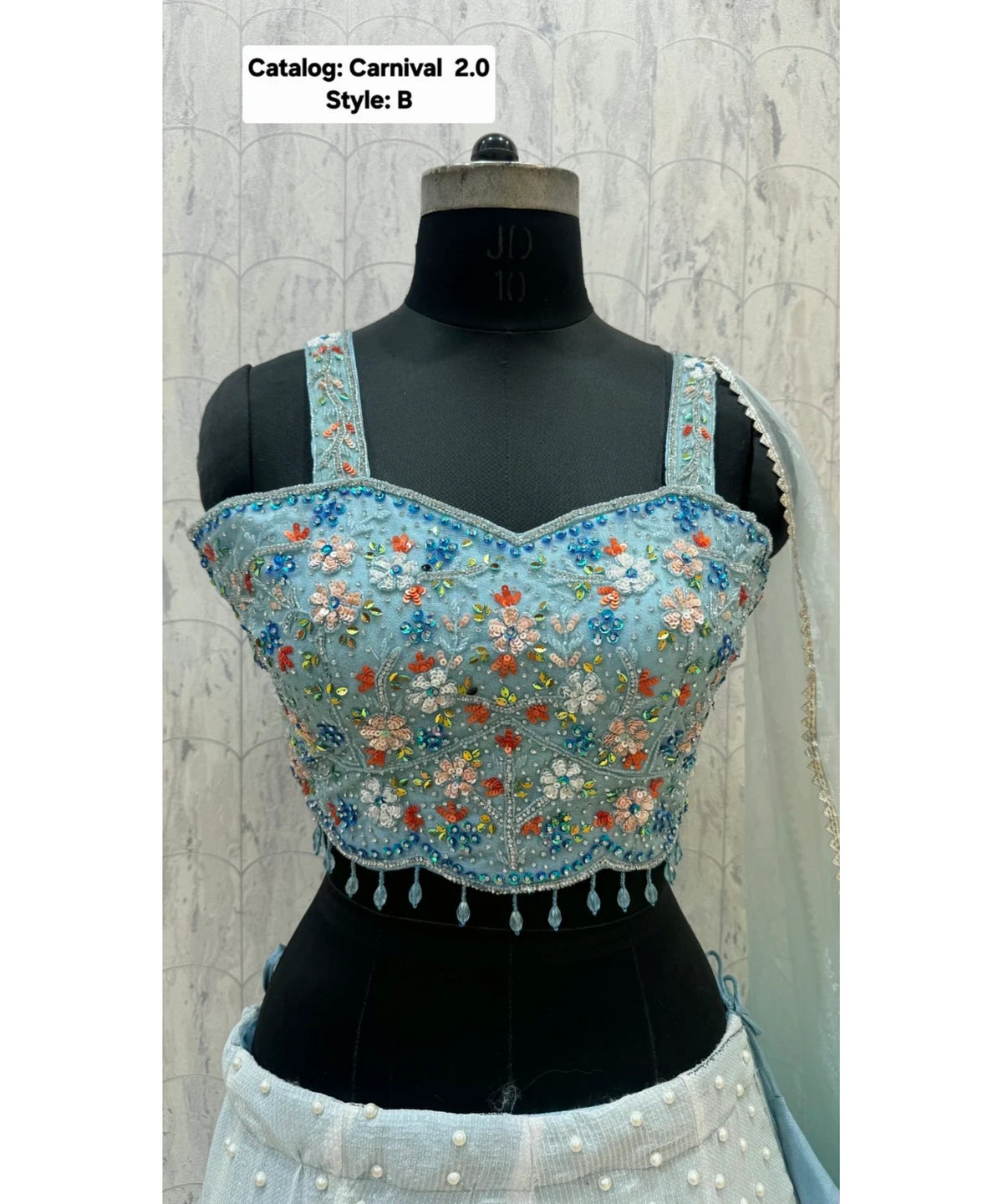 Carnival 2.0 — Style B, size 40; original blouse detail 1 of fully stitched lehenga with sleeveless blouse and coordinating dupatta.