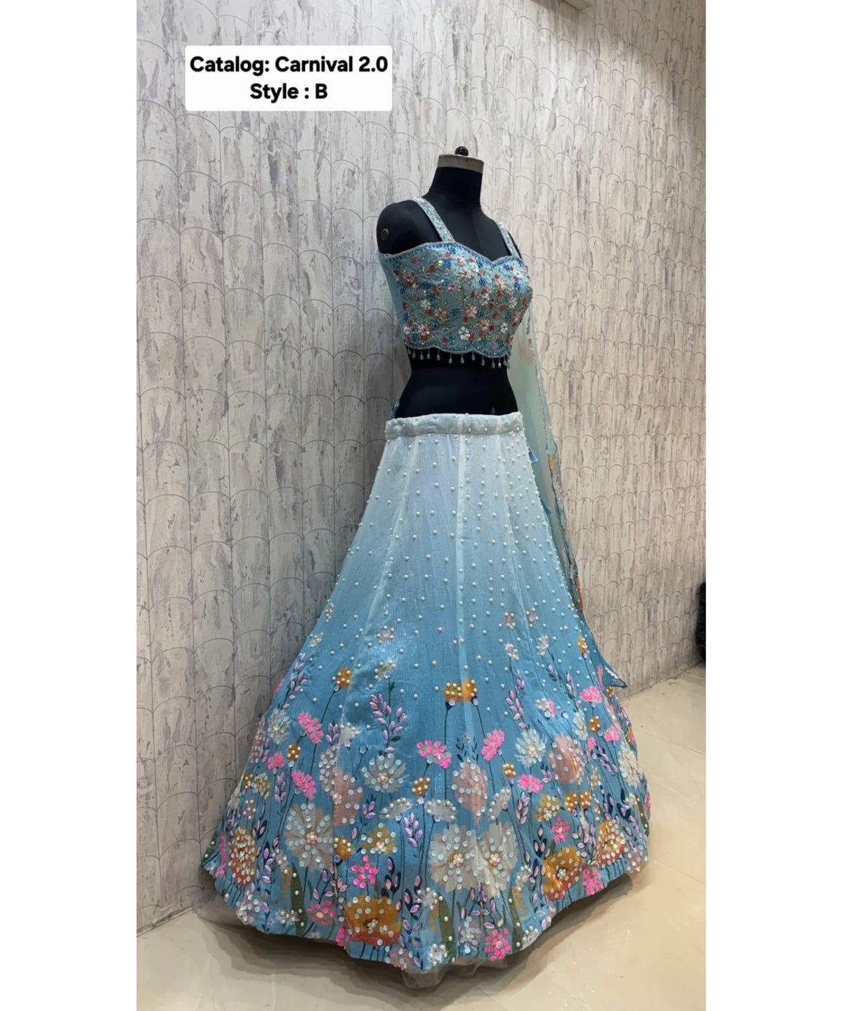 Carnival 2.0 — Style B, size 40; original full length of fully stitched lehenga with sleeveless blouse and coordinating dupatta.