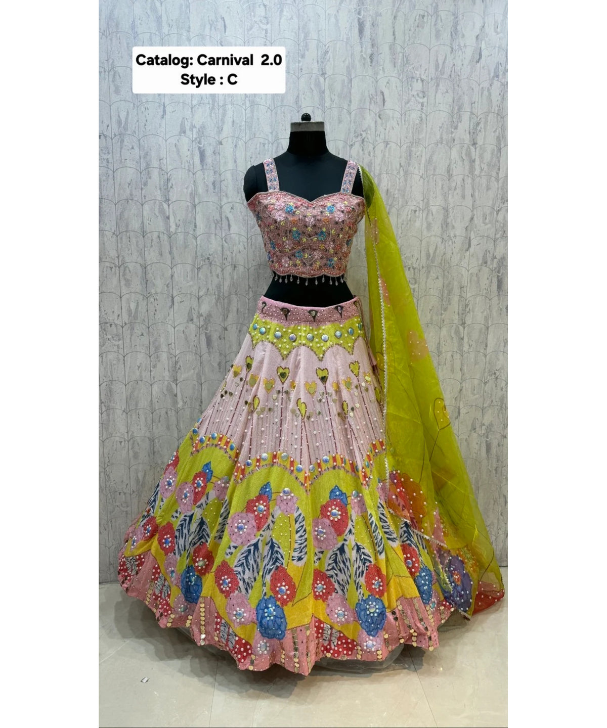 Carnival 2.0 — Style C, size 40; original full length of fully stitched lehenga with sleeveless blouse and coordinating dupatta.