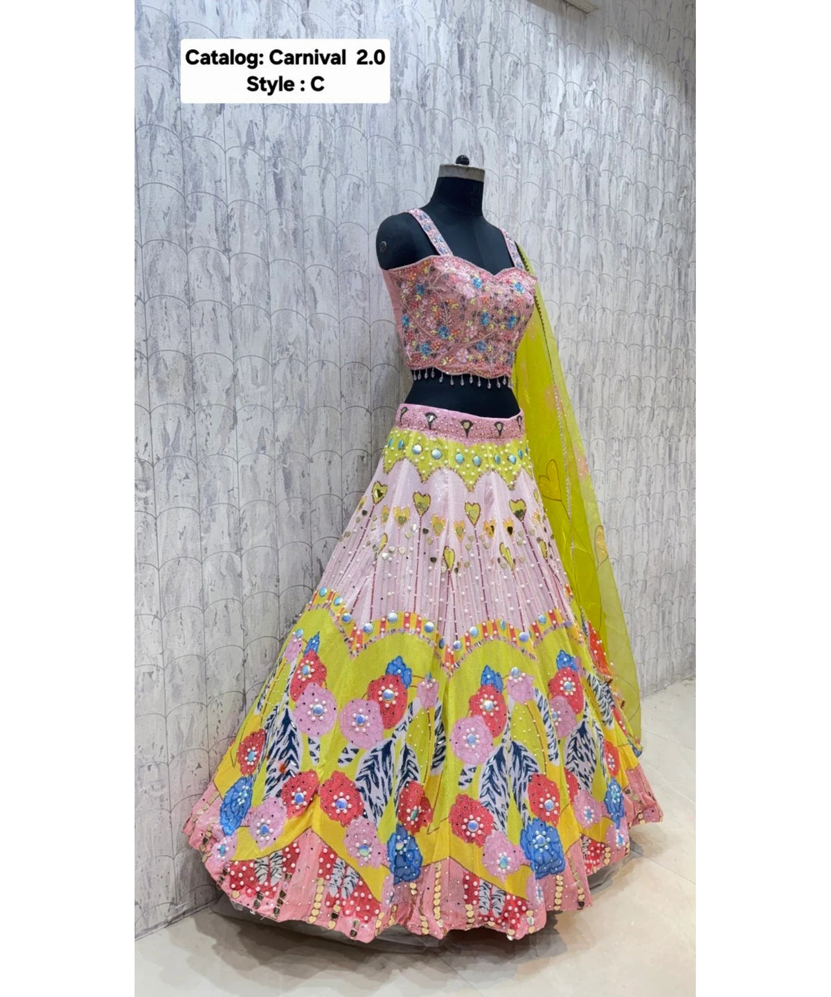 Carnival 2.0 — Style C, size 40; original side view of fully stitched lehenga with sleeveless blouse and coordinating dupatta.