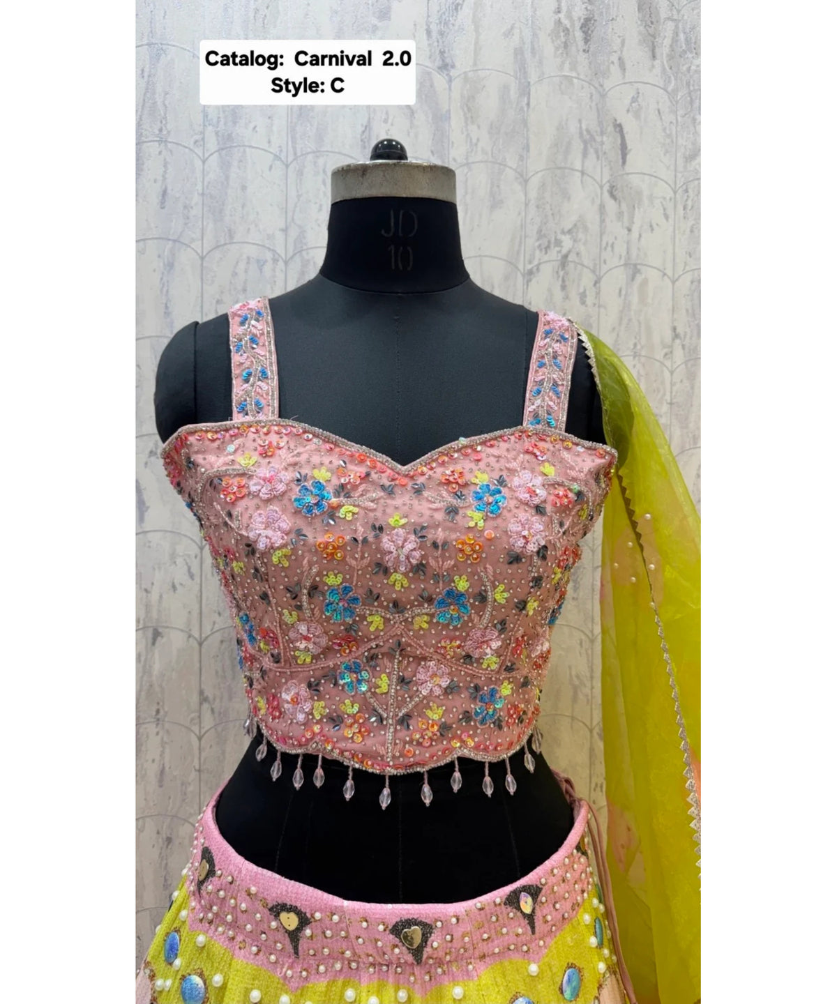 Carnival 2.0 — Style C, size 40; original blouse detail of fully stitched lehenga with sleeveless blouse and coordinating dupatta.