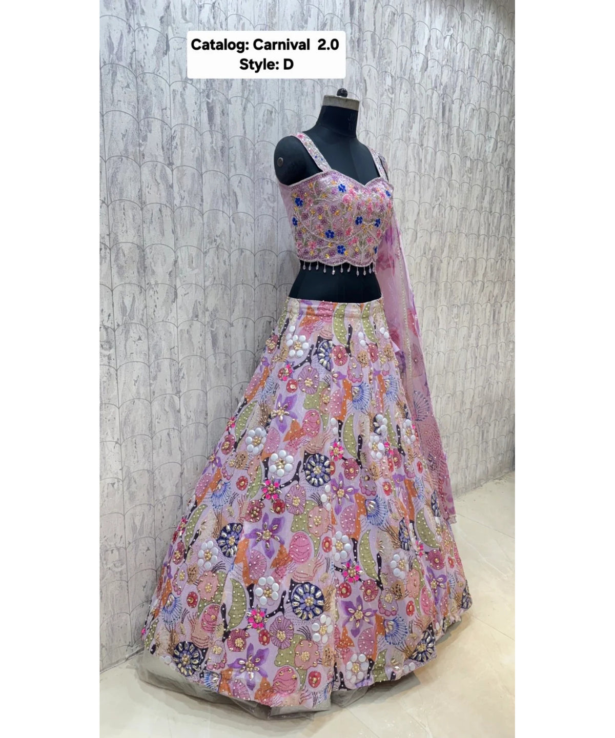 Carnival 2.0 — Style D, size 40; original side view of fully stitched lehenga with sleeveless blouse and coordinating dupatta.