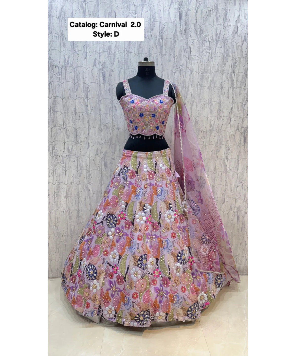 Carnival 2.0 — Style D, size 40; original full length of fully stitched lehenga with sleeveless blouse and coordinating dupatta.