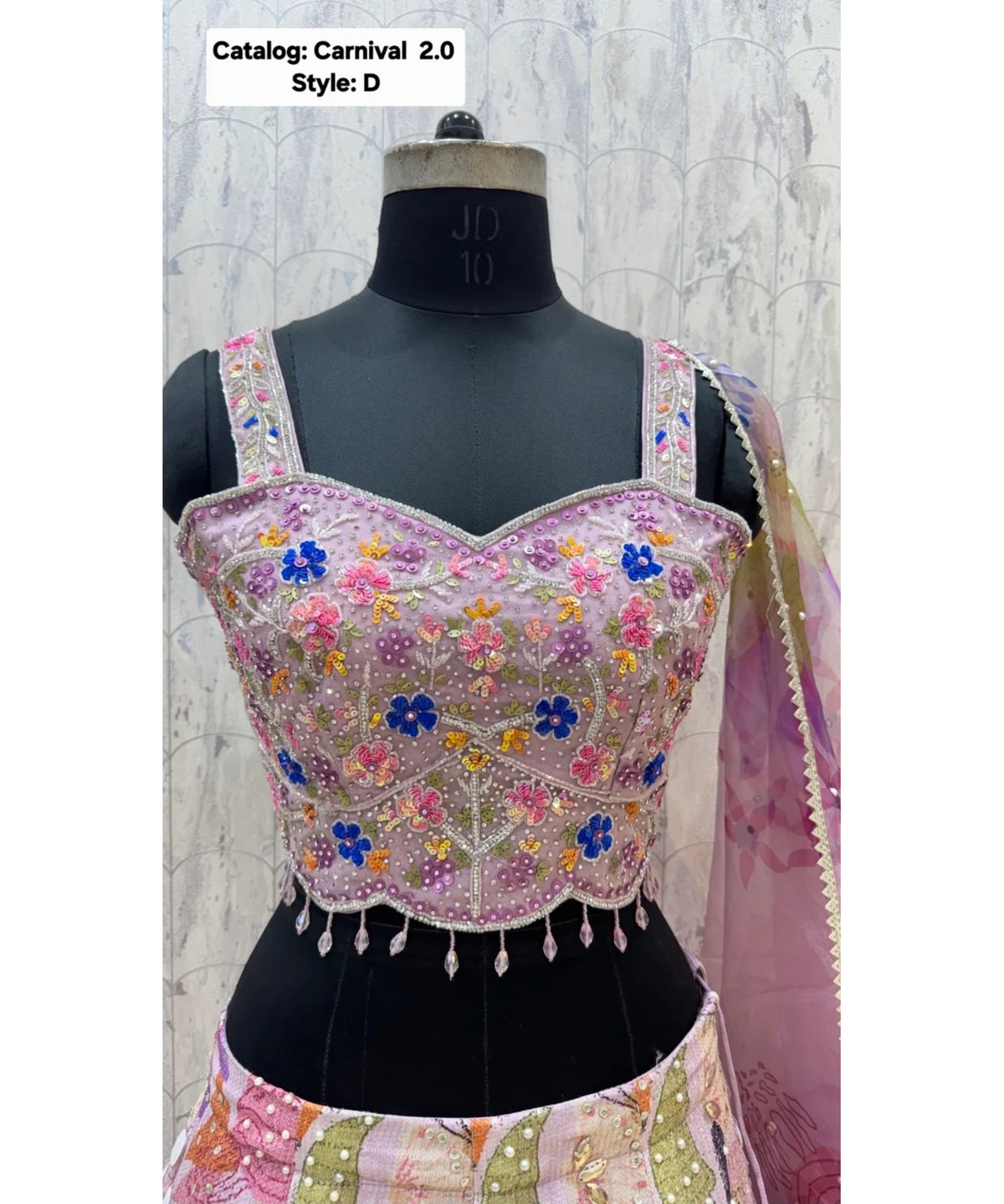 Carnival 2.0 — Style D, size 40; original blouse detail of fully stitched lehenga with sleeveless blouse and coordinating dupatta.