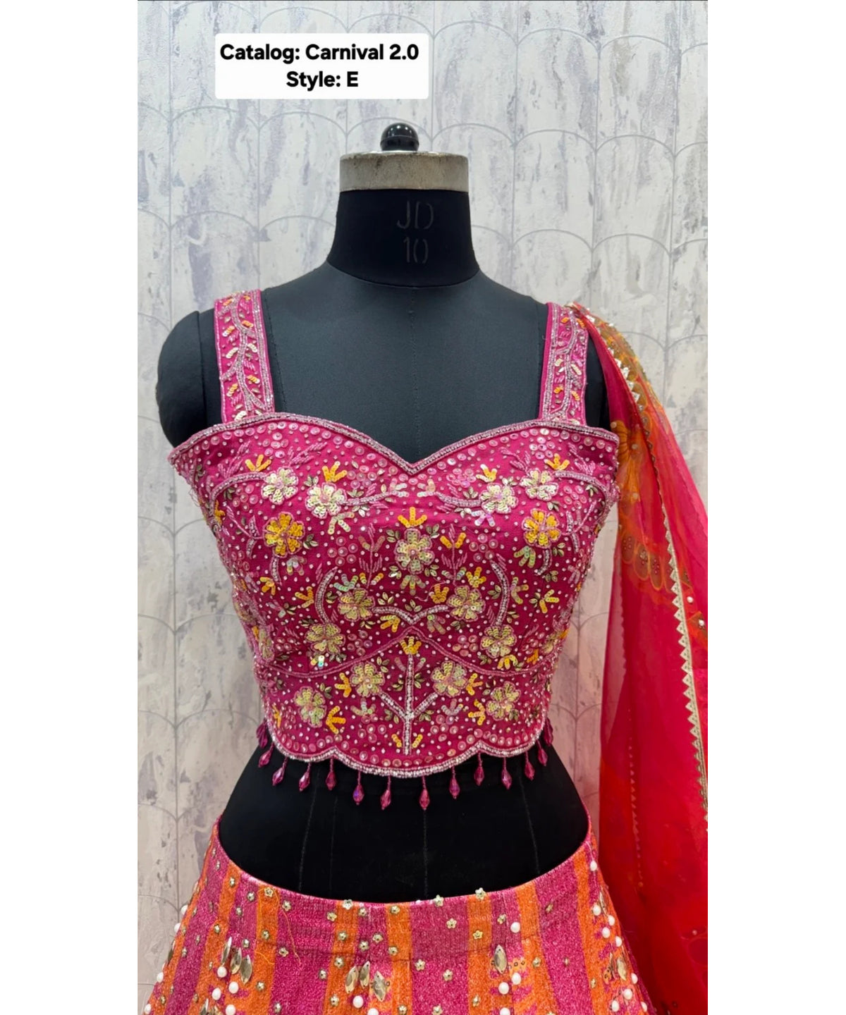Carnival 2.0 — Style E, size 40; original blouse detail of fully stitched lehenga with sleeveless blouse and coordinating dupatta.