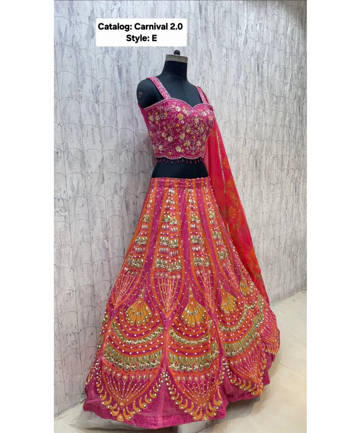 Carnival 2.0 — Style E, size 40; original side view of fully stitched lehenga with sleeveless blouse and coordinating dupatta.