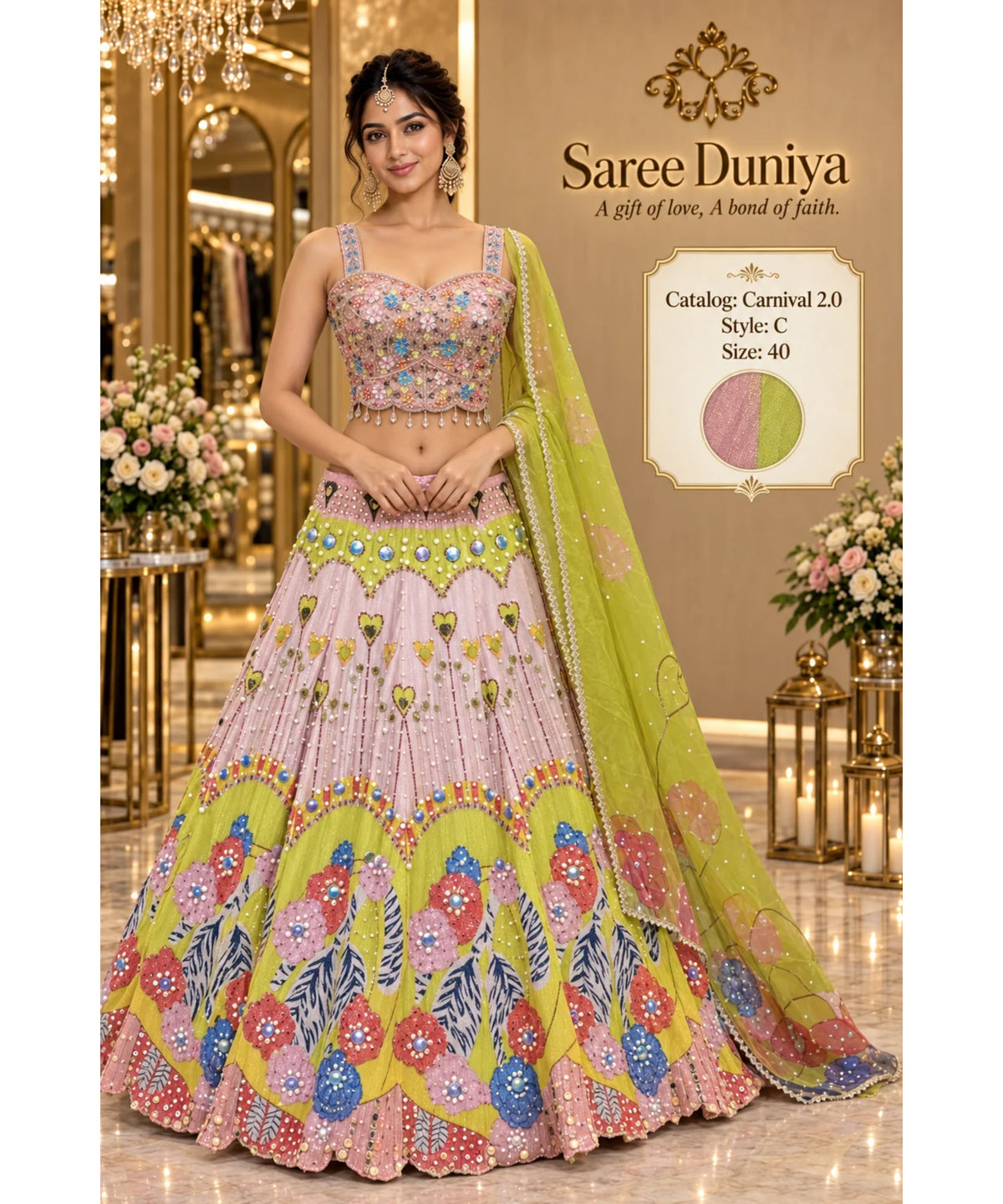 Carnival 2.0 — Style C, size 40; model styling of fully stitched lehenga with sleeveless sweetheart blouse and coordinating dupatta.