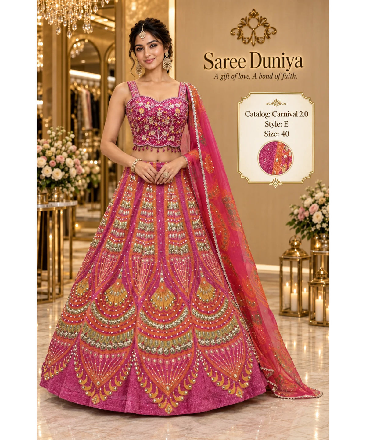 Carnival 2.0 — Style E, size 40; model styling of fully stitched lehenga with sleeveless sweetheart blouse and coordinating dupatta.