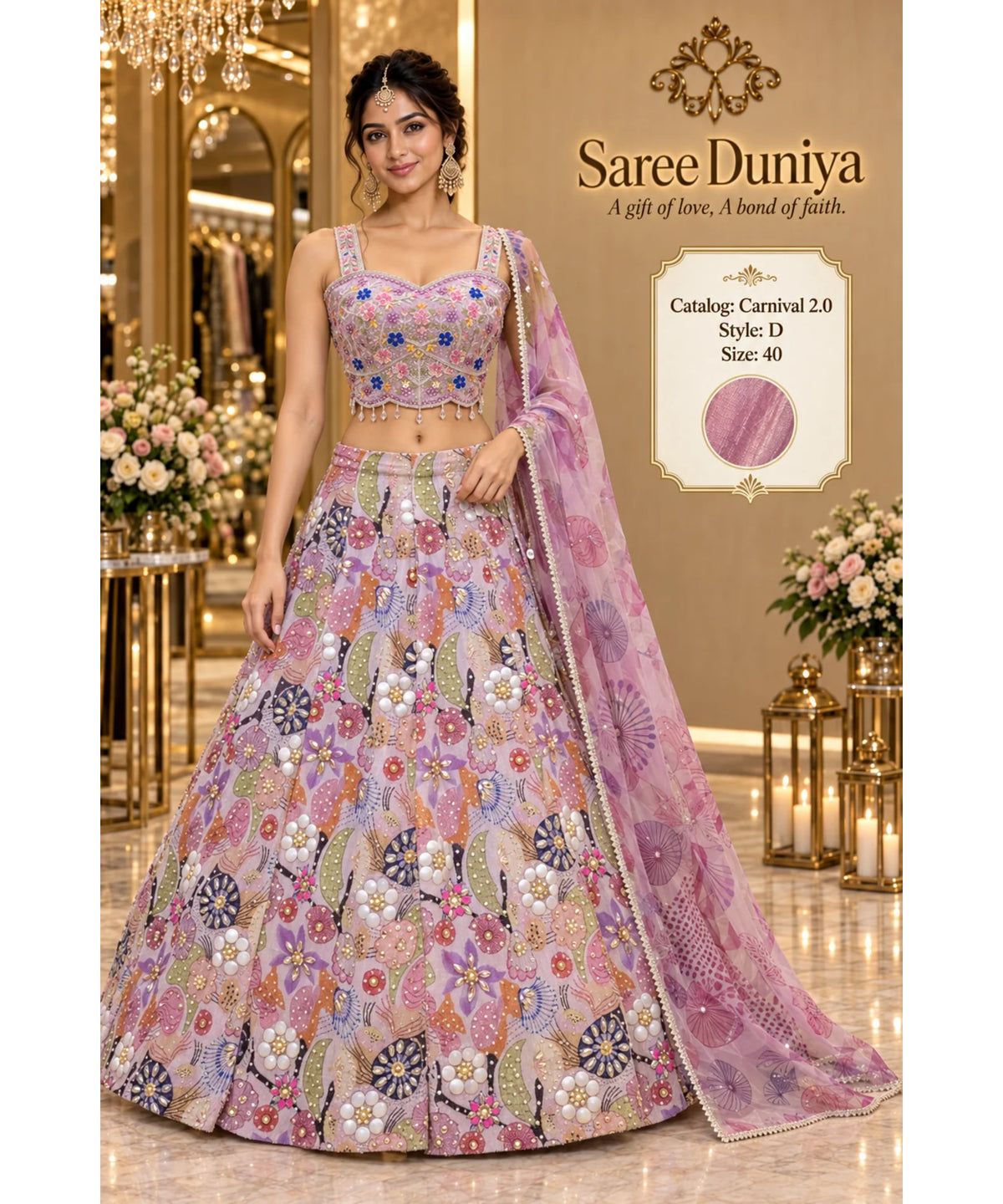 Carnival 2.0 — Style D, size 40; model styling of fully stitched lehenga with sleeveless sweetheart blouse and coordinating dupatta.