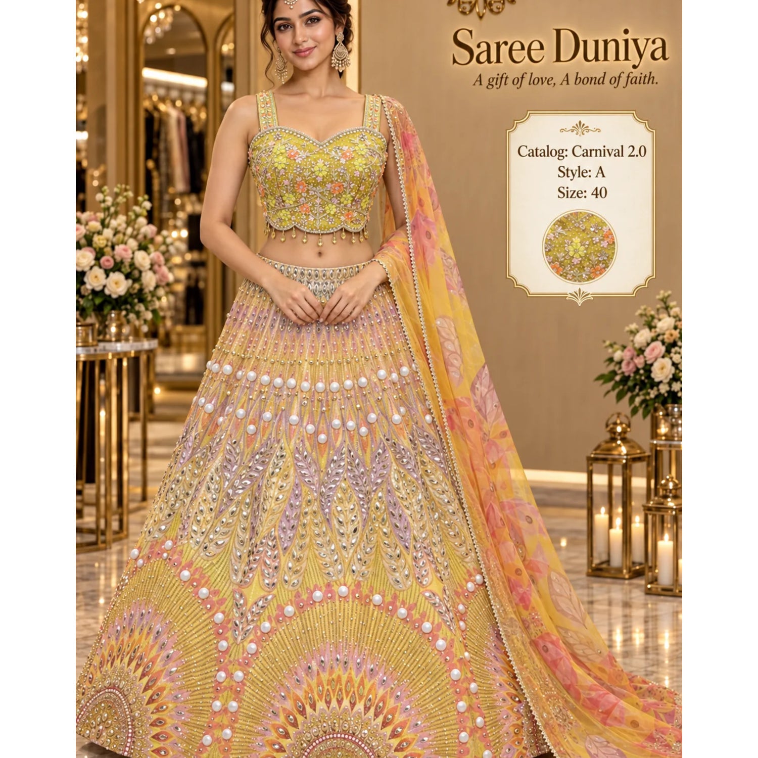 Carnival 2.0 — Style A, size 40; model styling of fully stitched lehenga with sleeveless sweetheart blouse and coordinating dupatta.