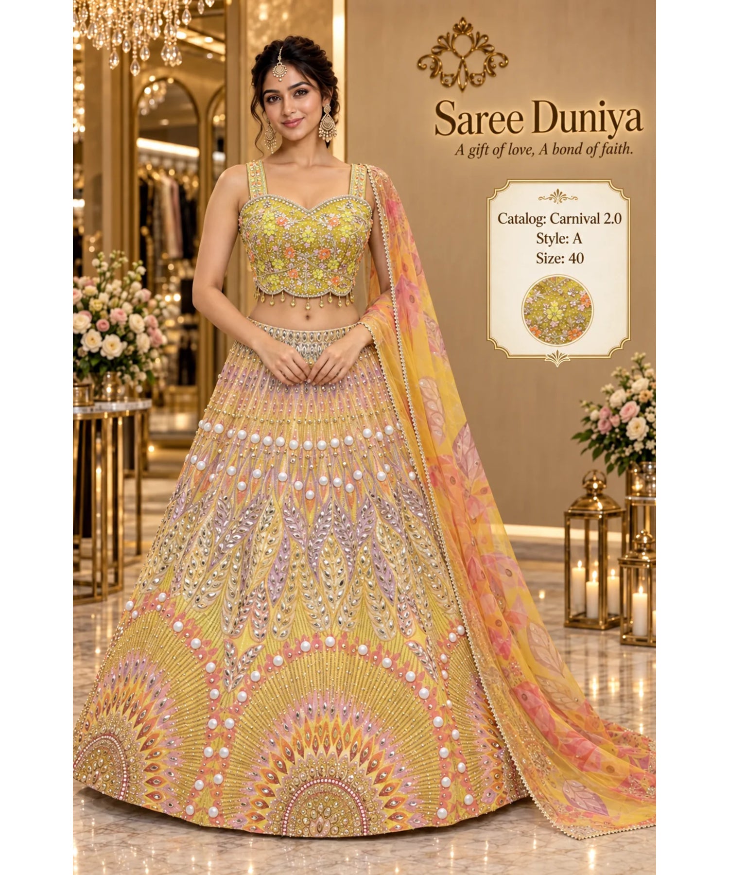 Carnival 2.0 — Style A, size 40; model styling of fully stitched lehenga with sleeveless sweetheart blouse and coordinating dupatta.