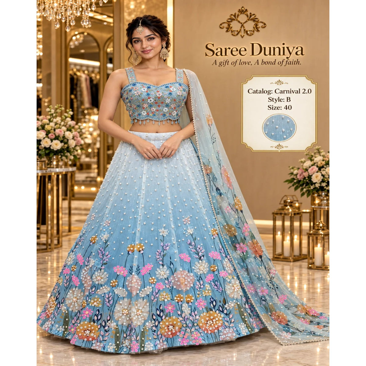 Carnival 2.0 — Style B, size 40; model styling of fully stitched lehenga with sleeveless sweetheart blouse and coordinating dupatta.