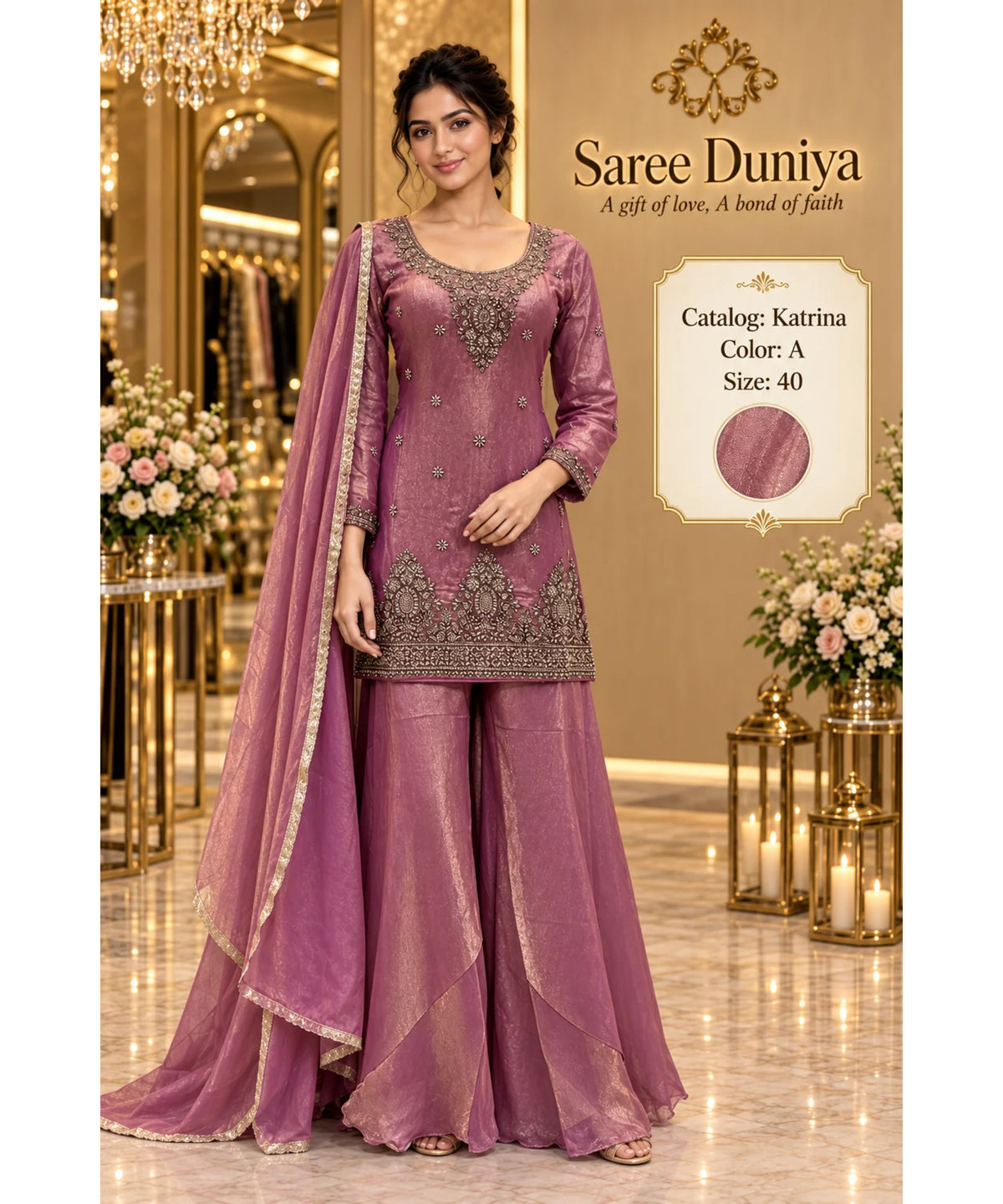 Katrina — Color A; fully stitched designer suit, size 40, shown on the Saree Duniya model.